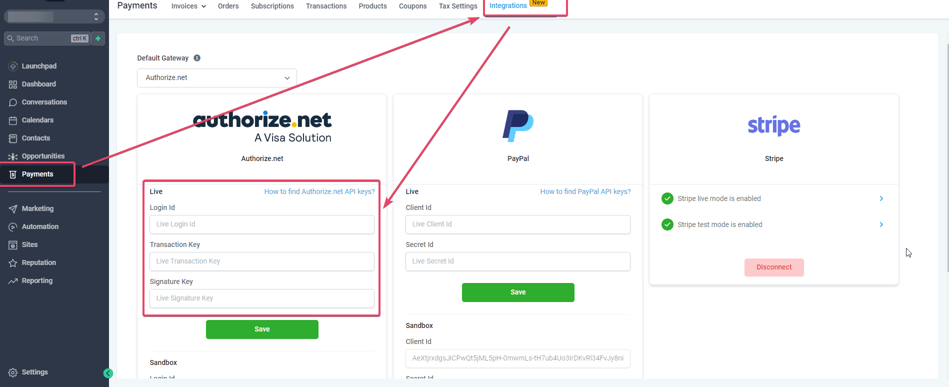 Schermata 3 — Integrazione Authorize.net per l'elaborazione dei pagamenti