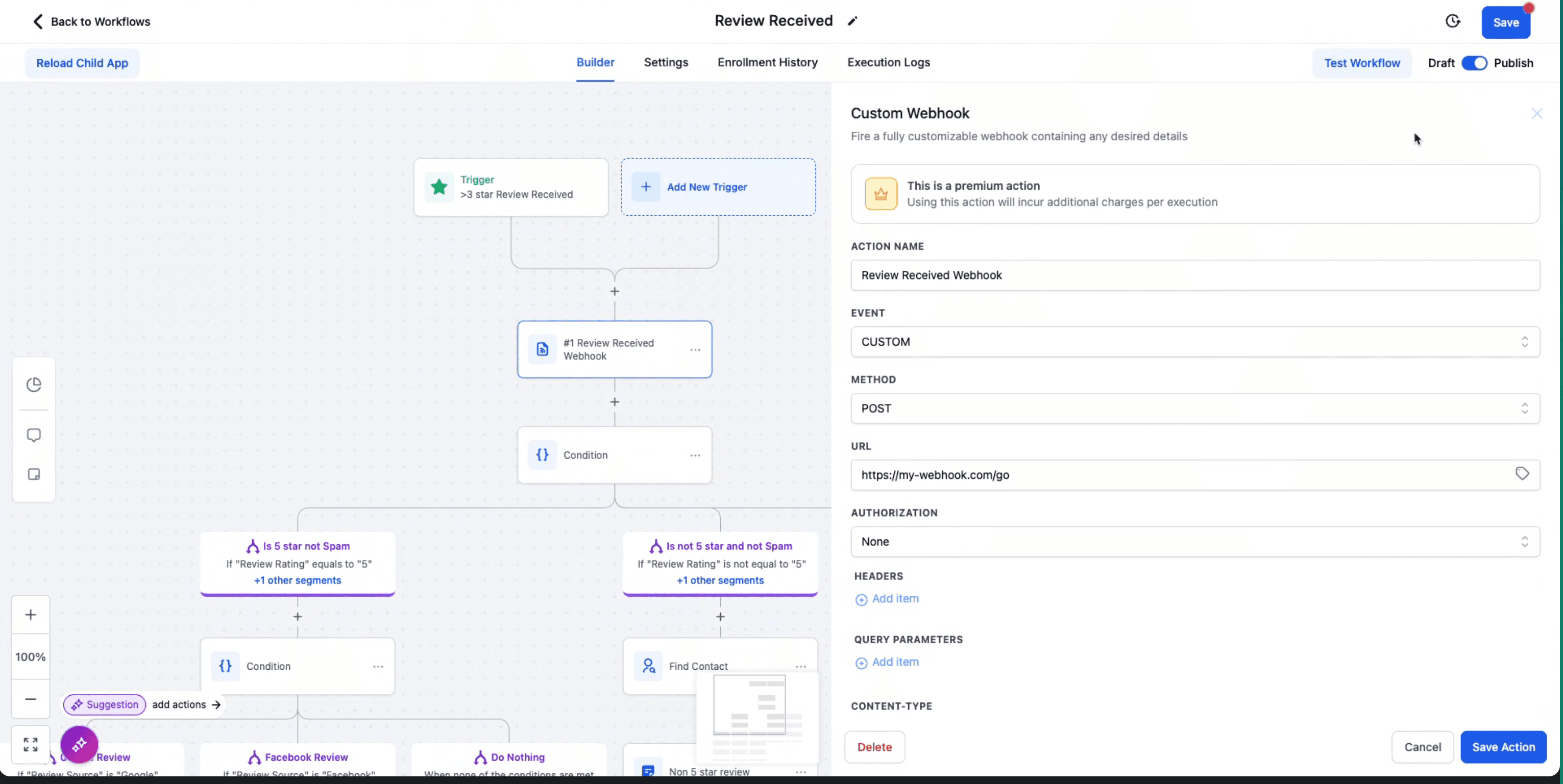 Schermata 6 — Come configurare i Trigger Workflow per le recensioni di Google e Facebook
