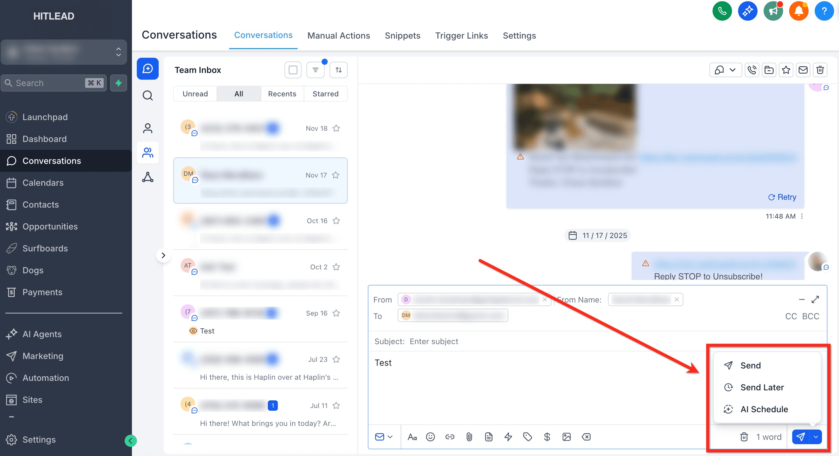 Opzione AI Schedule mostrata nel compositore email di Conversazioni accanto a Send Now e Send Later