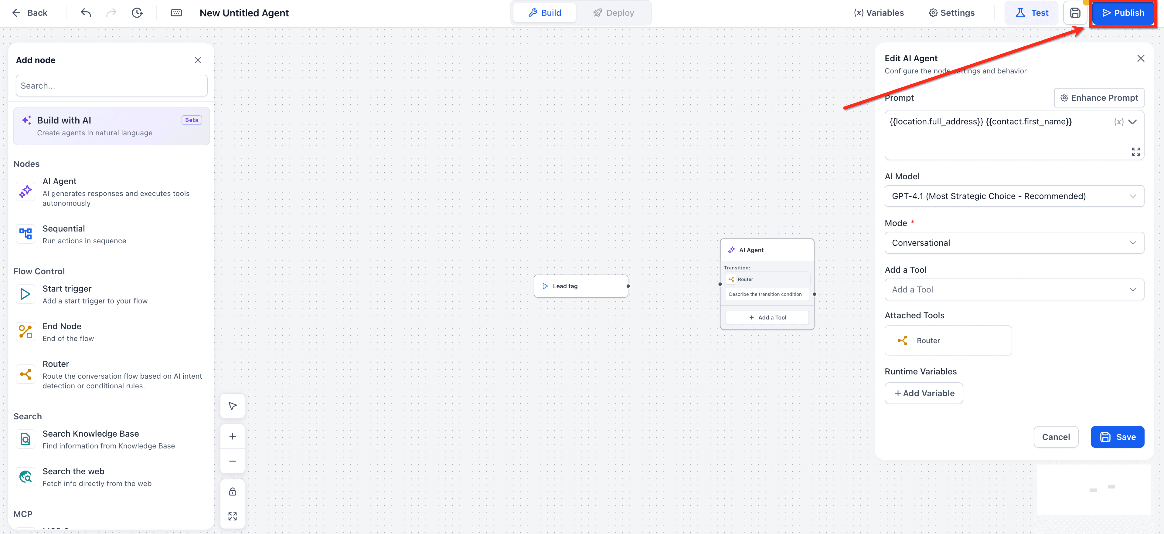 Schermata 6 — Come usare i Valori Personalizzati e le Variabili in Agent Studio