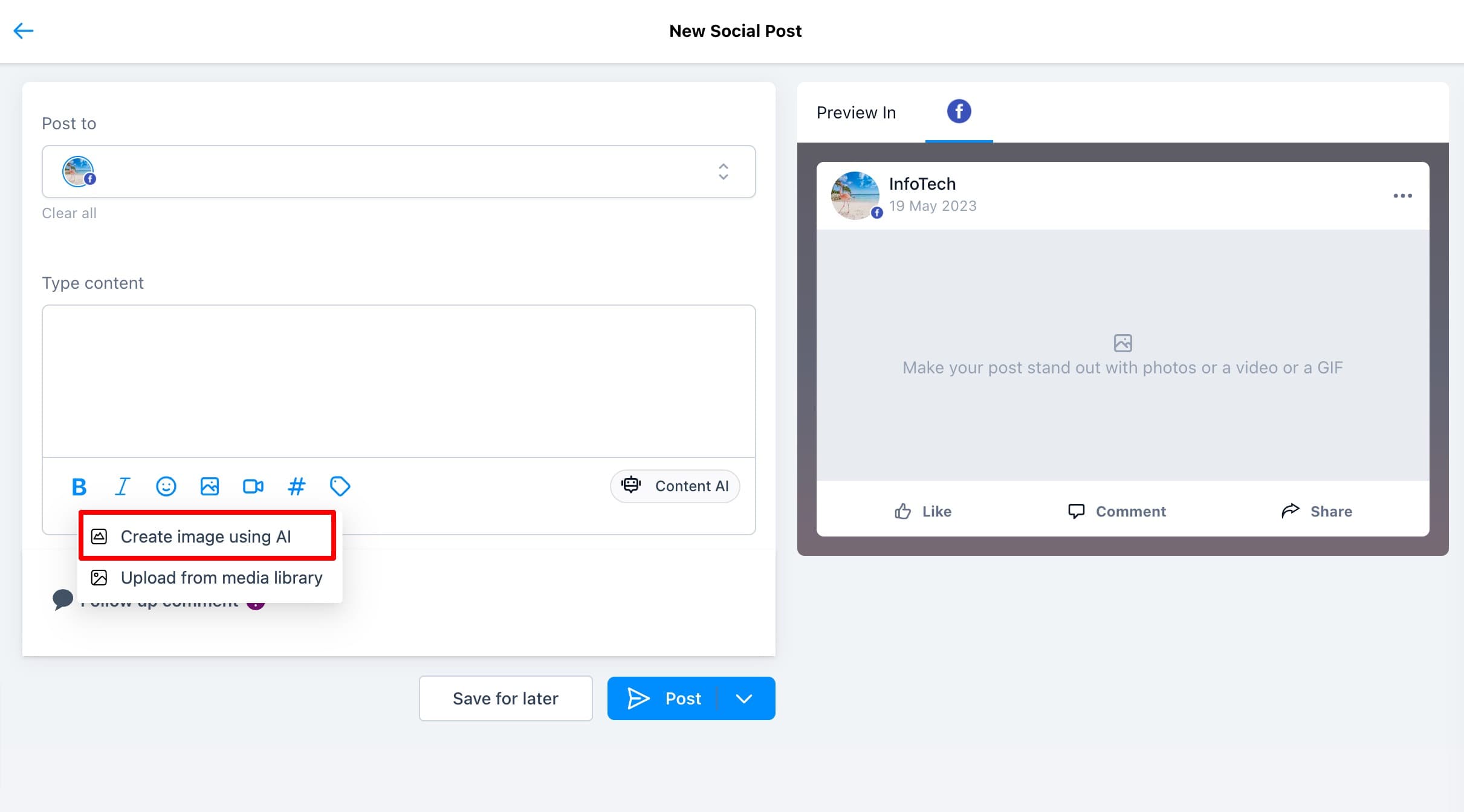 Schermata 4 — Come generare immagini per il Social Planner con Content AI