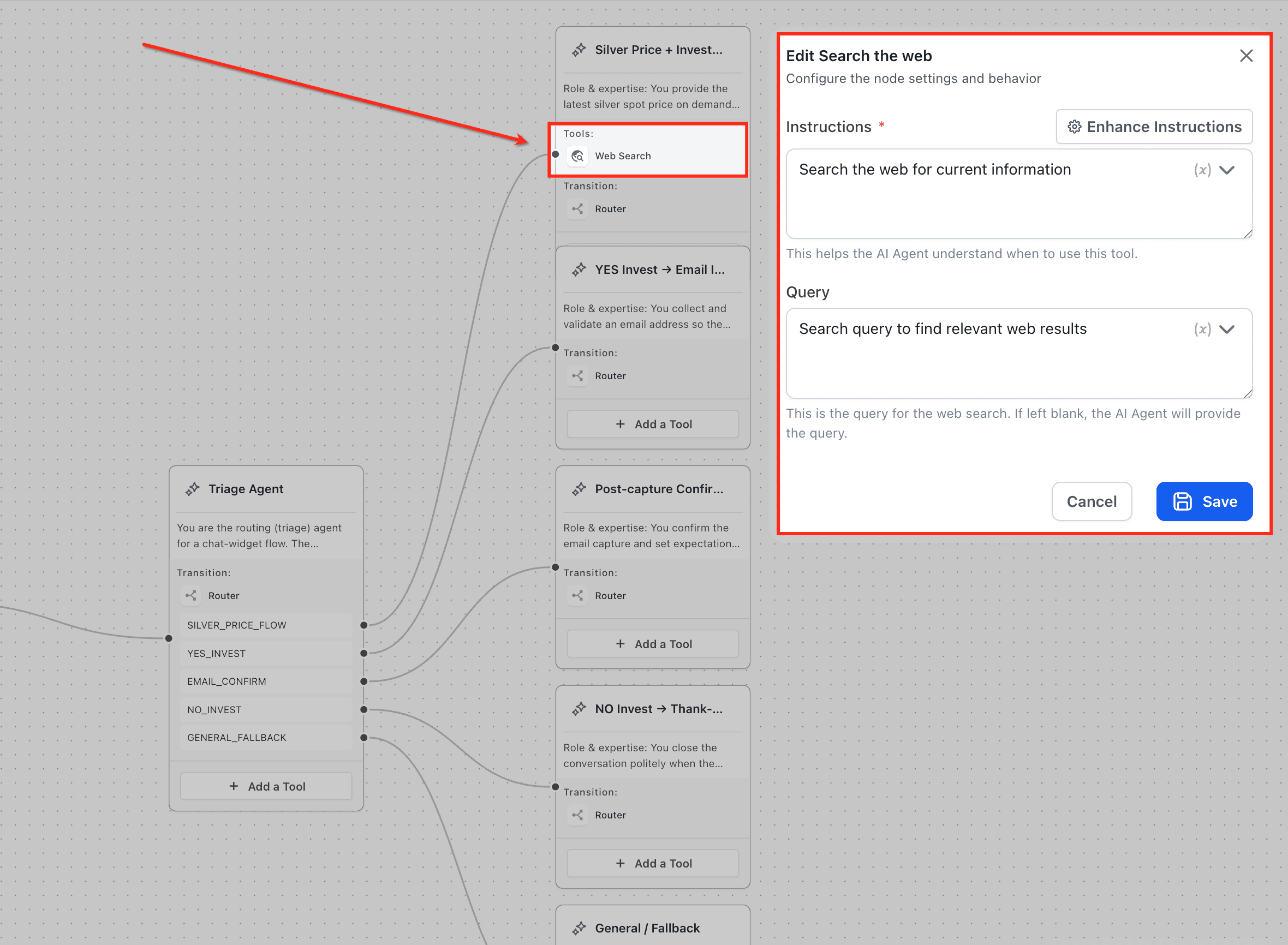 Schermata 2 — Come usare il Web Search Tool in Agent Studio per risposte in tempo reale