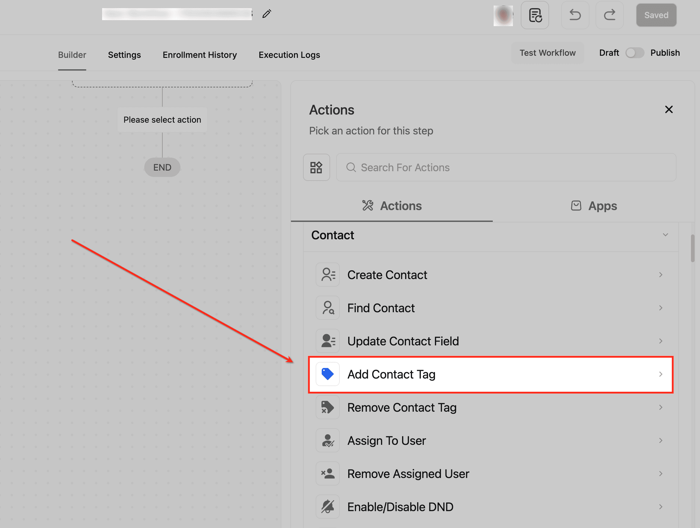 Schermata 2 — Azione Workflow - Aggiungi Tag al Contatto