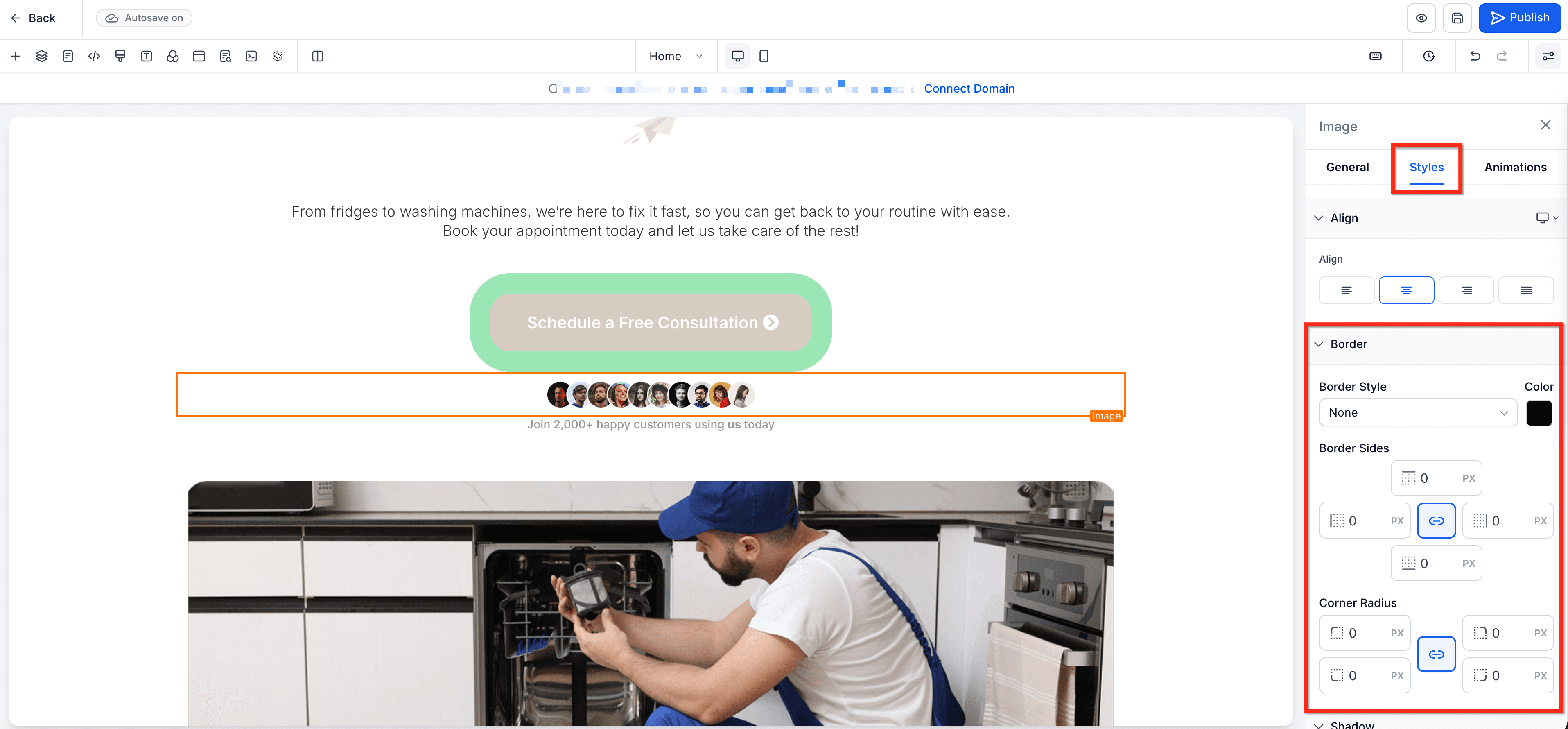 Schermata 2 — Controllo Bordi nel Page Builder