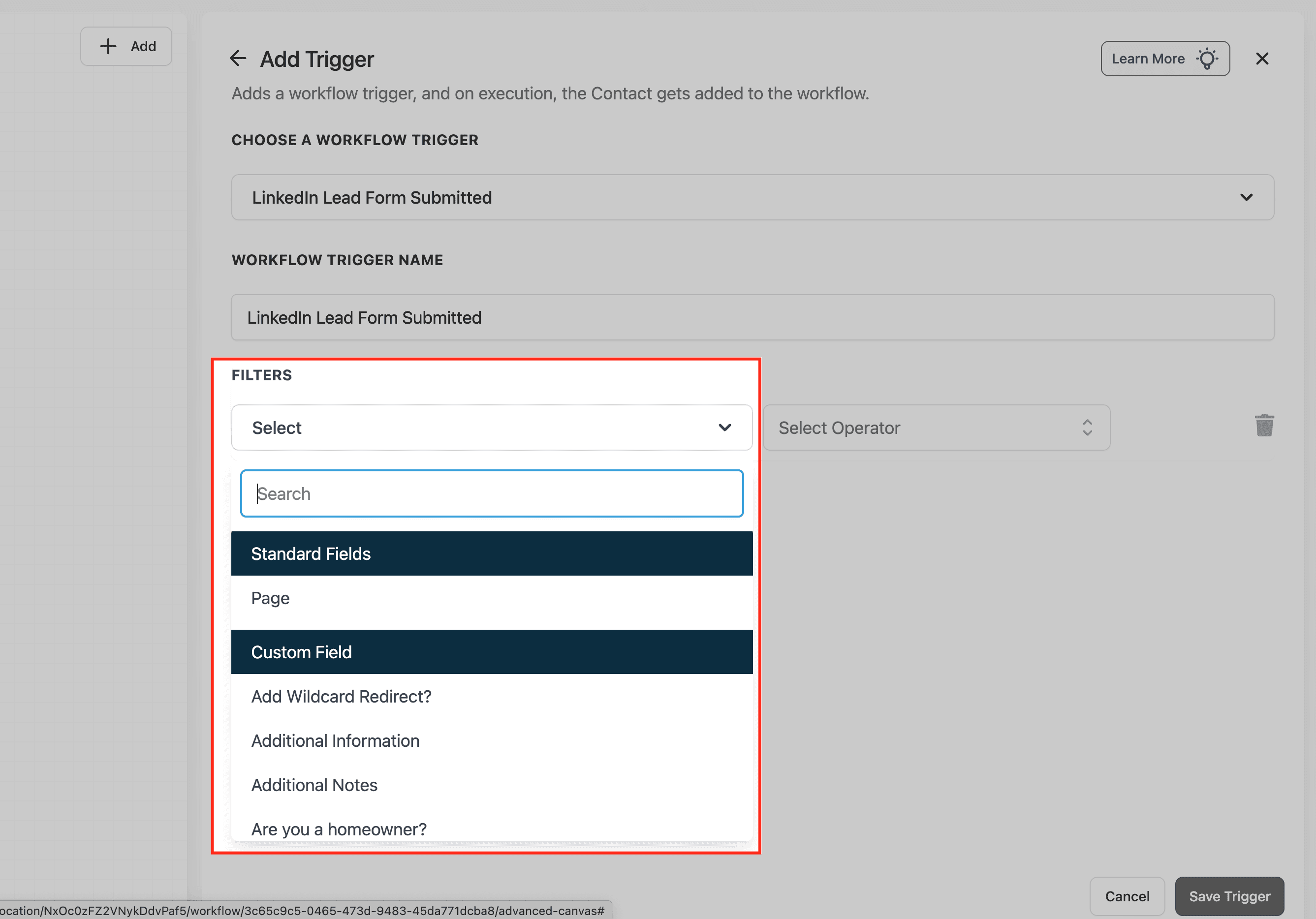 Schermata 5 — Workflow Trigger - LinkedIn Lead Form Submitted