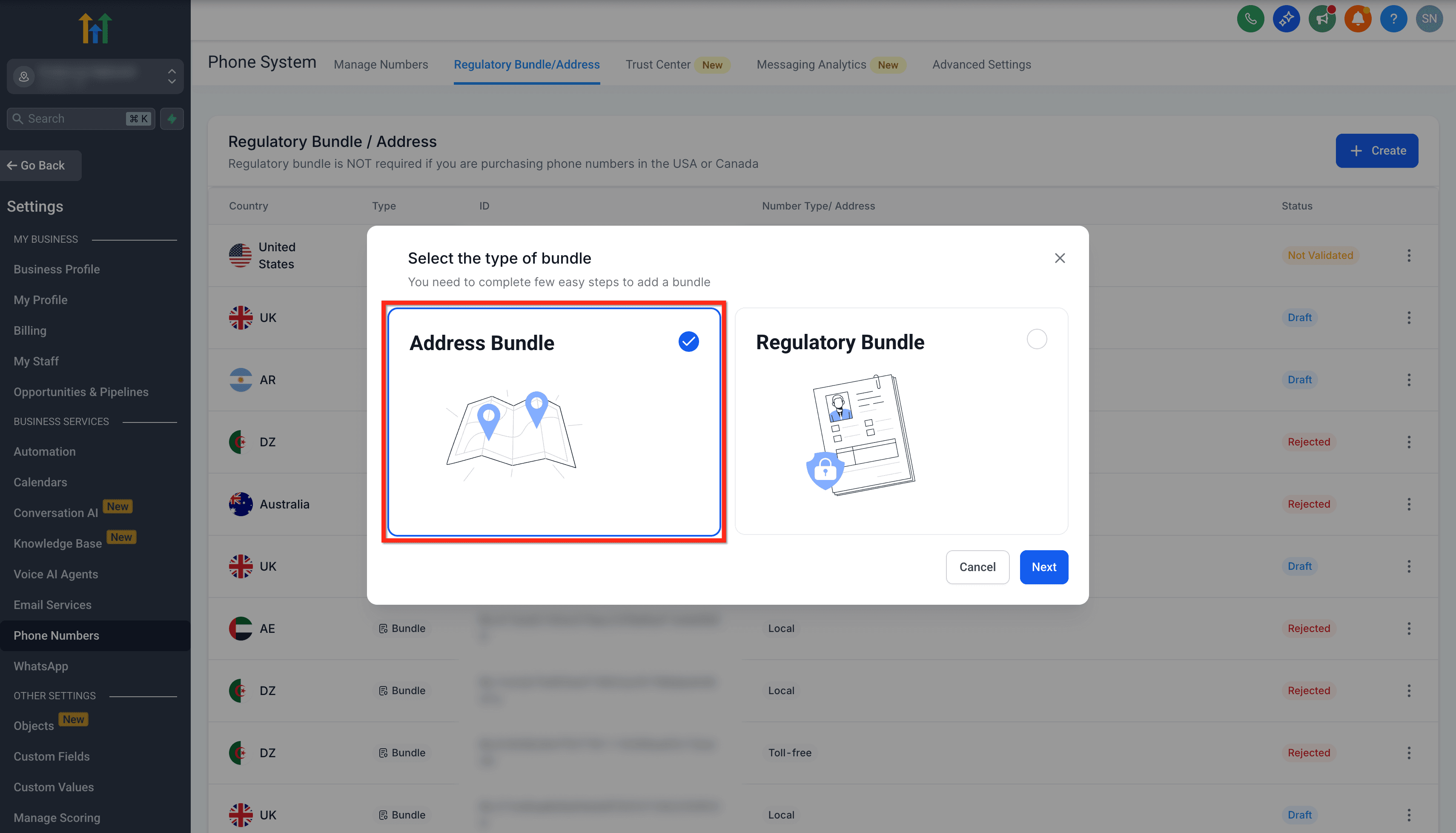 Schermata 4 — Creazione di Regulatory Bundle e Indirizzo per i Sub-Account