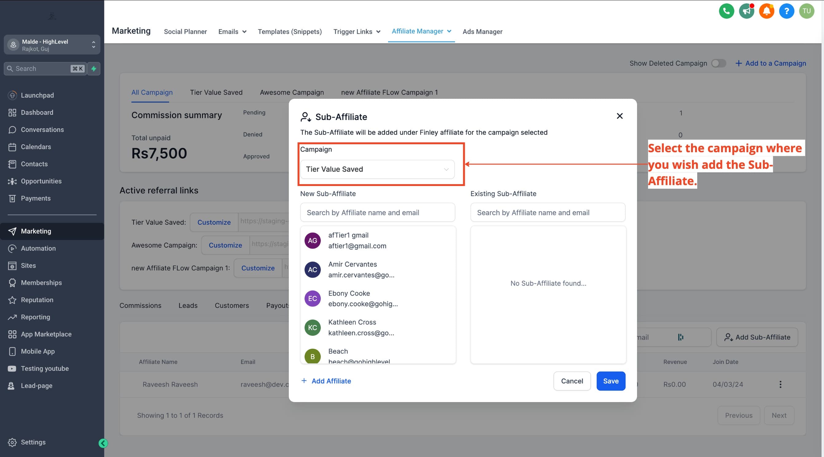Schermata 3 — Come Aggiungere Sub-Affiliati nell'Affiliate Manager
