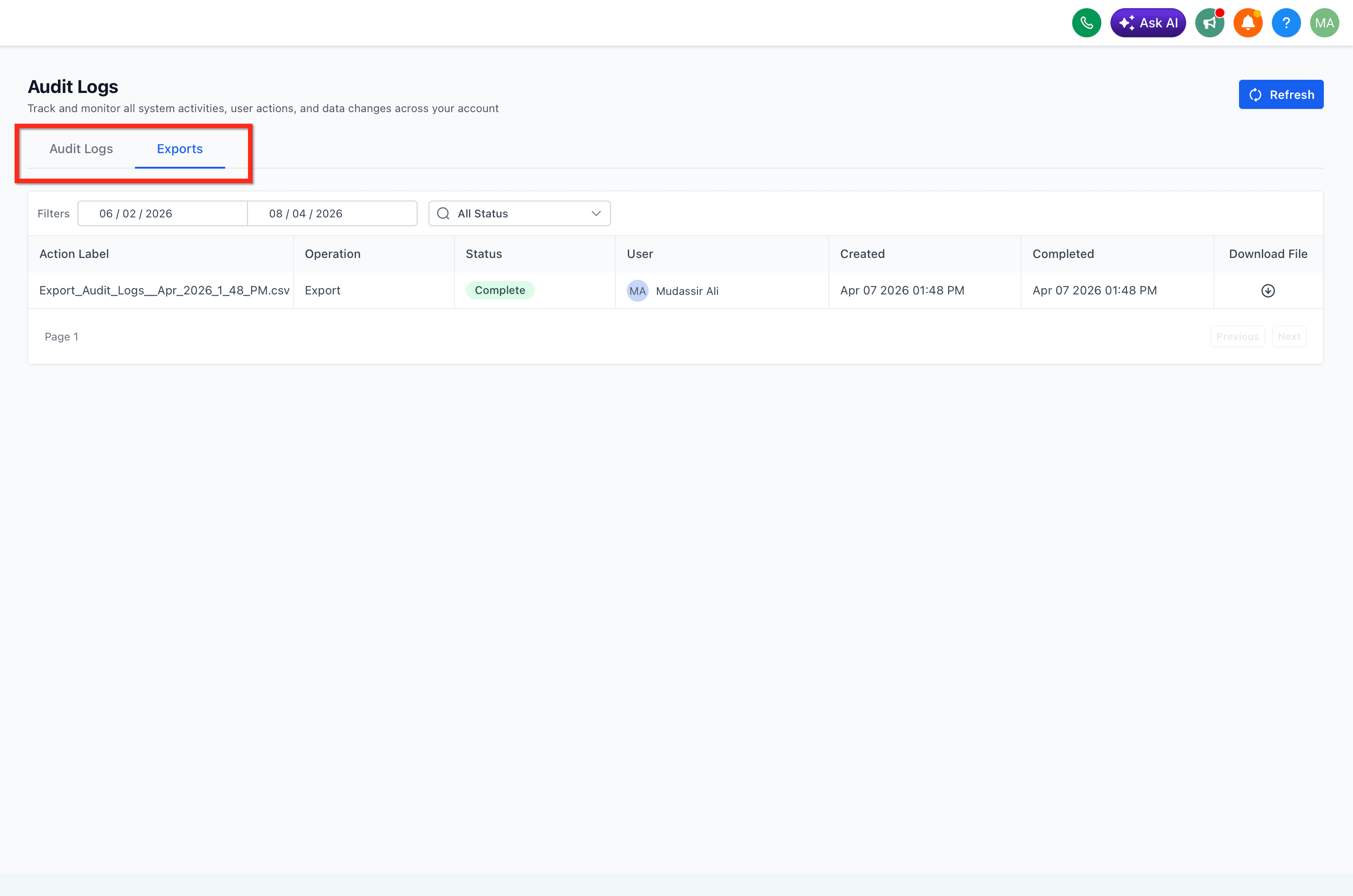 Schermata 2 — Esportazione dei Log di Audit