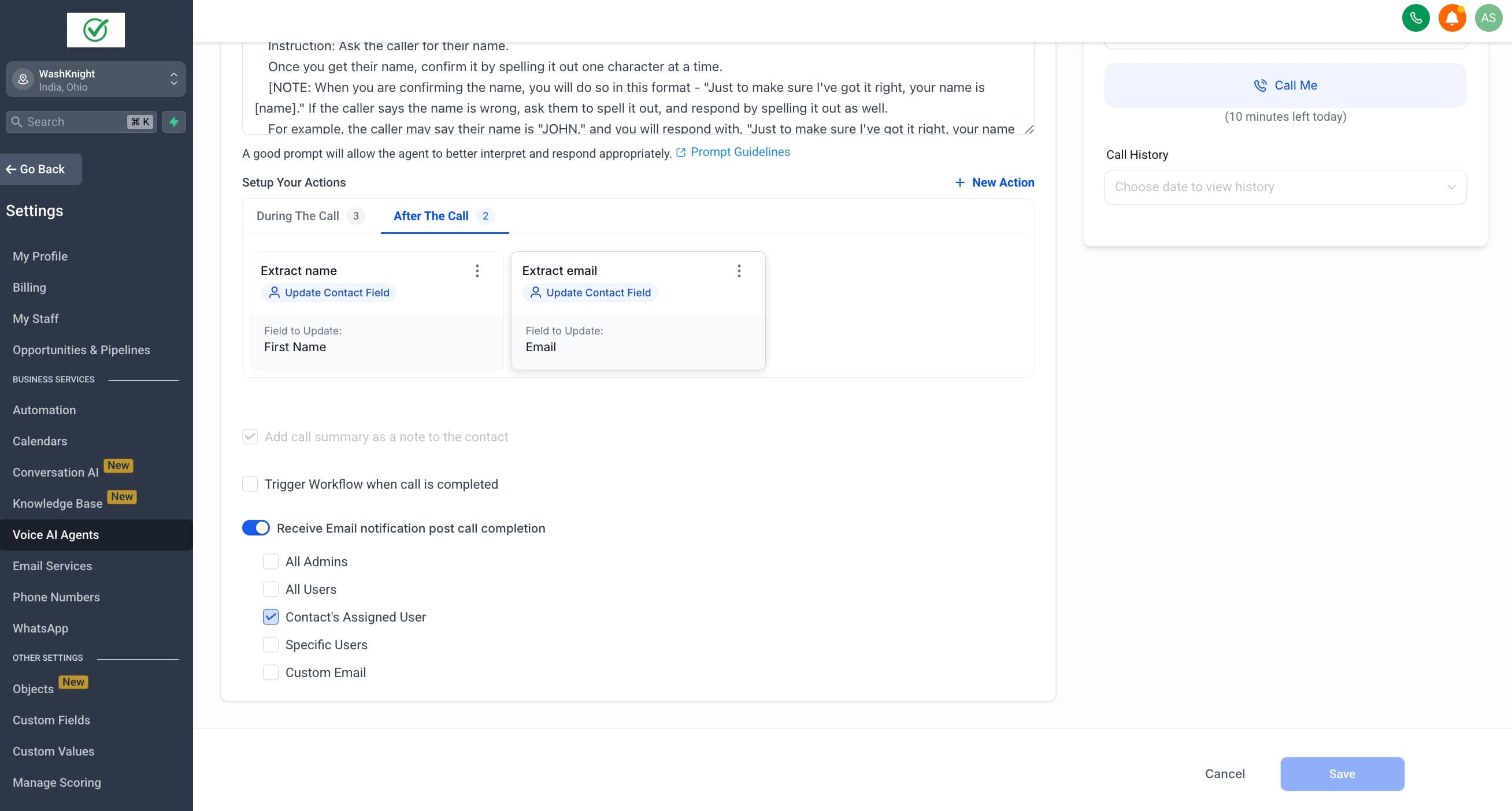 Schermata 7 — Azioni Durante e Dopo la Chiamata in Voice AI