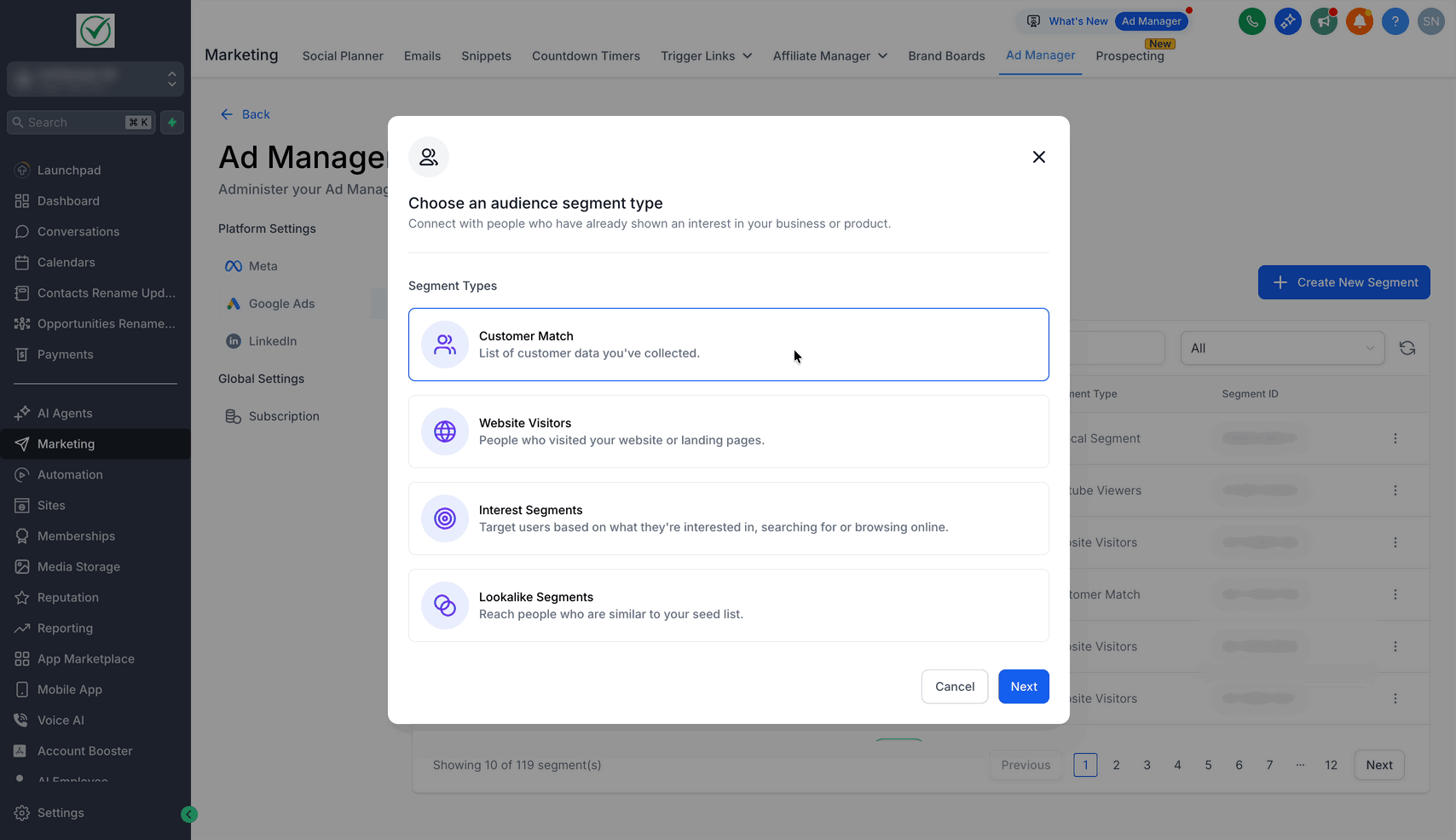 Schermata 6 — Ads Manager - Audience Segments per Google Ads