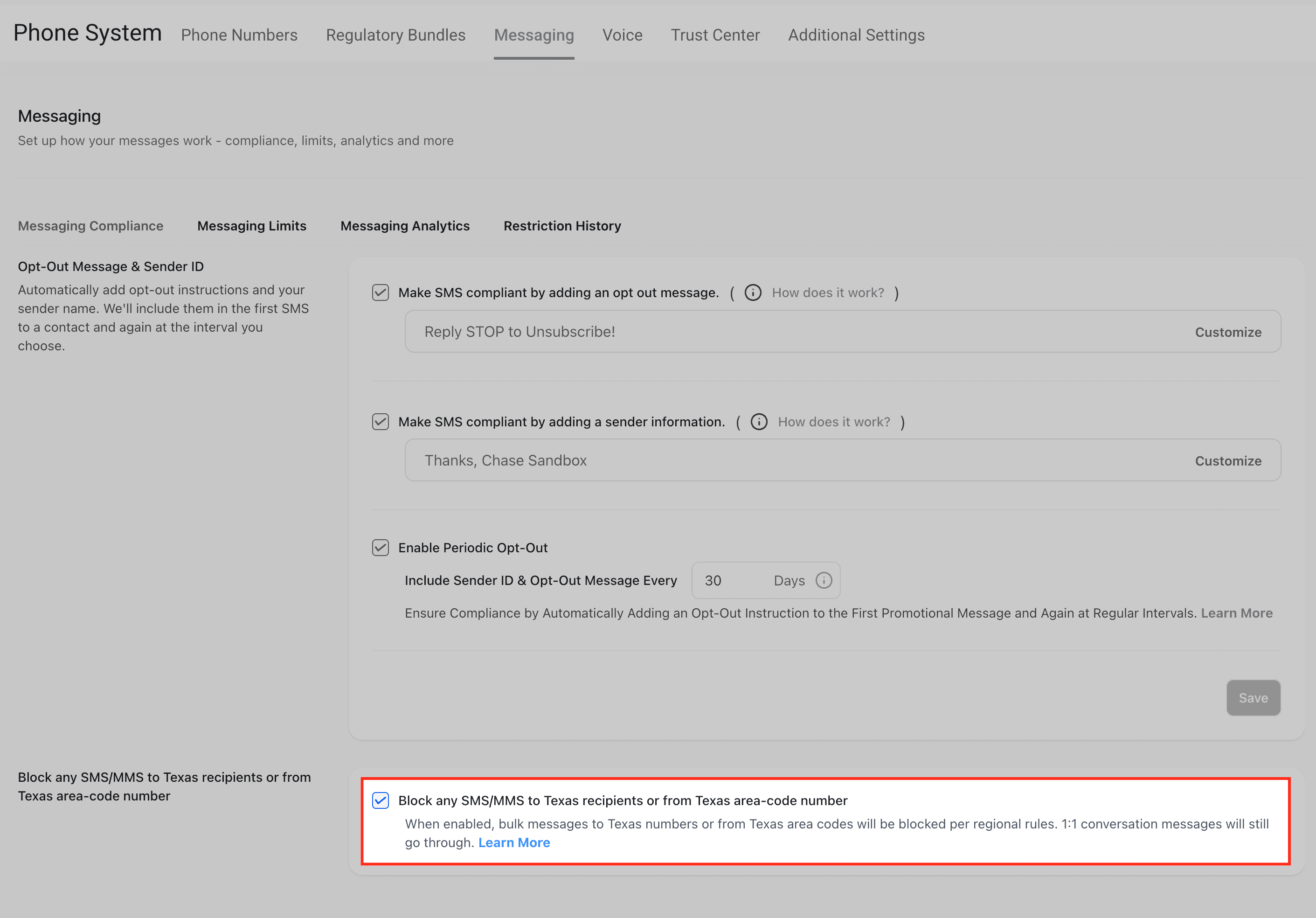 Schermata 11 — Configura l'Aggiornamento Automatico del Messaggio di Opt-Out e delle Informazioni del Mittente nella Conformità di Messaggistica