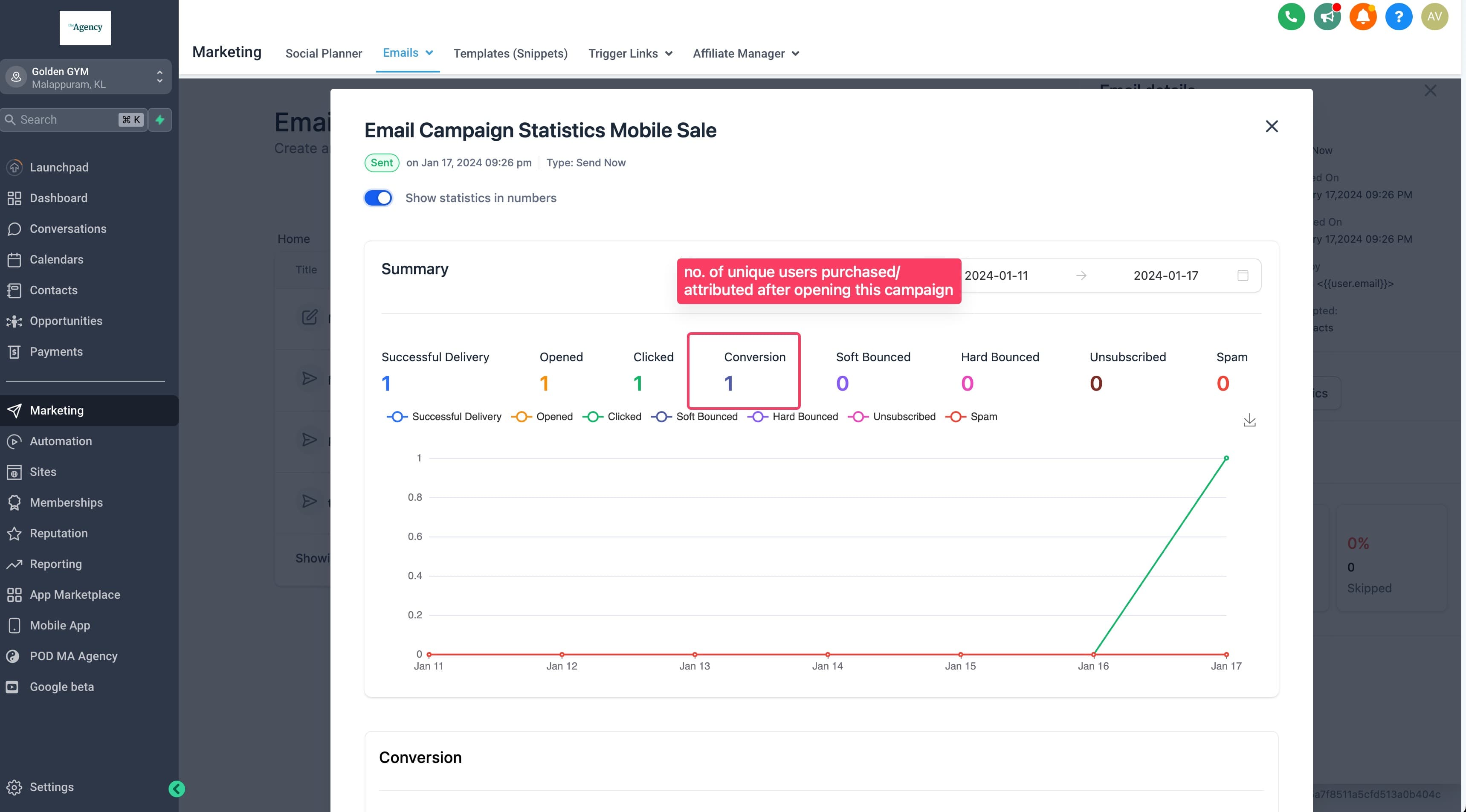 Schermata 5 — Metriche di conversione ROI per il monitoraggio delle Campaign email