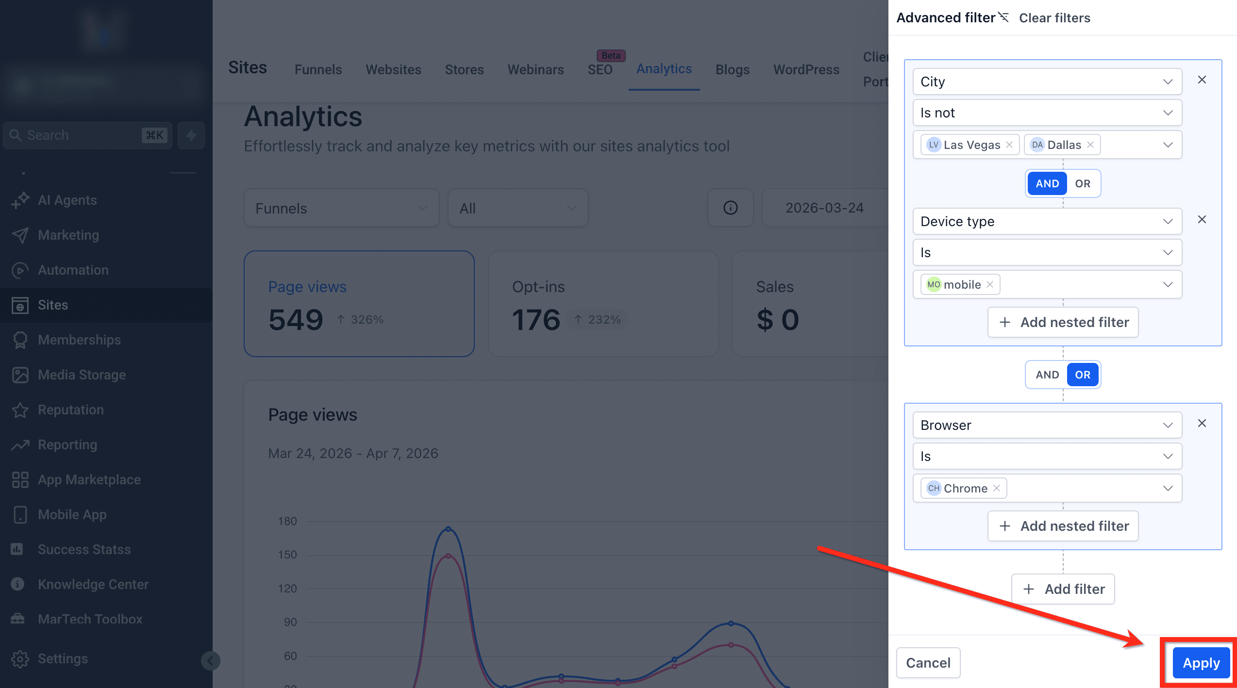 Schermata 7 — Filtri Avanzati in Site Analytics