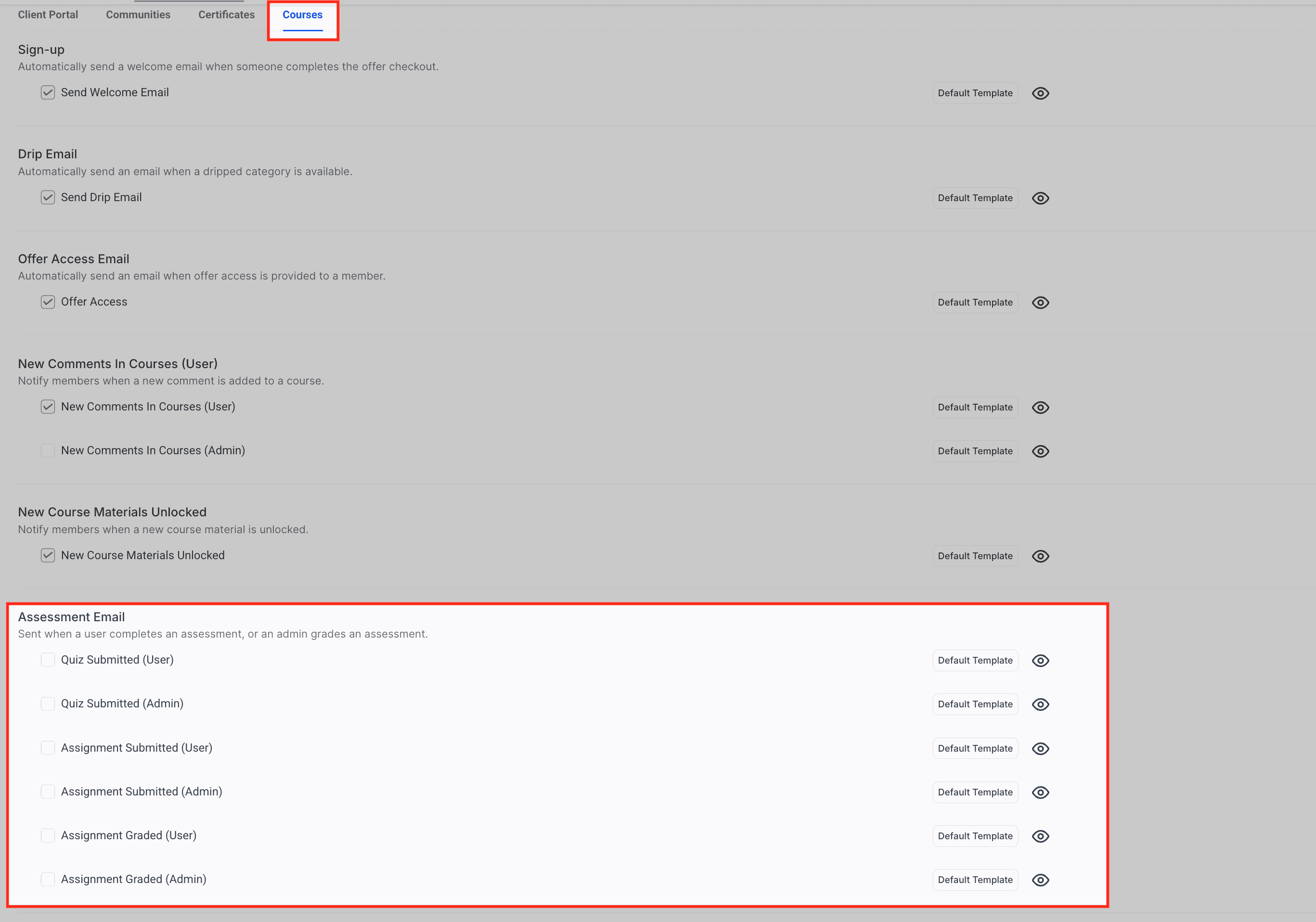 Schermata 5 — Usare le Email di Valutazione del Corso per Semplificare la Comunicazione