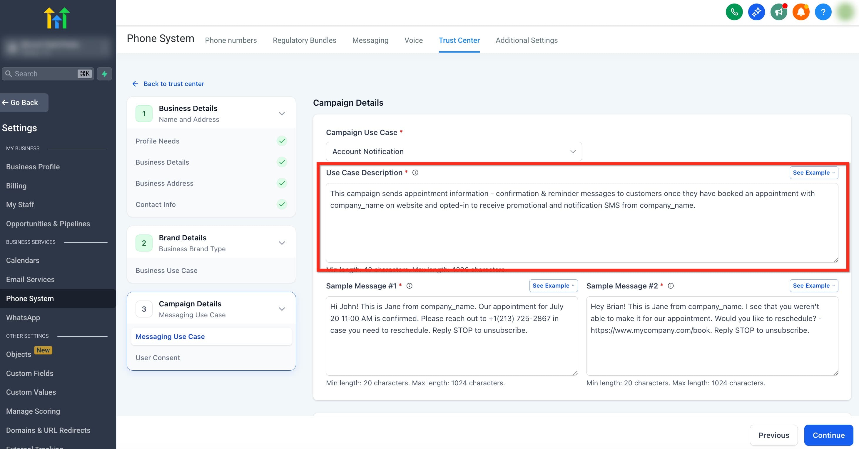 Schermata 3 — Registrazione Campaign A2P: Guida Passo-Passo e FAQ