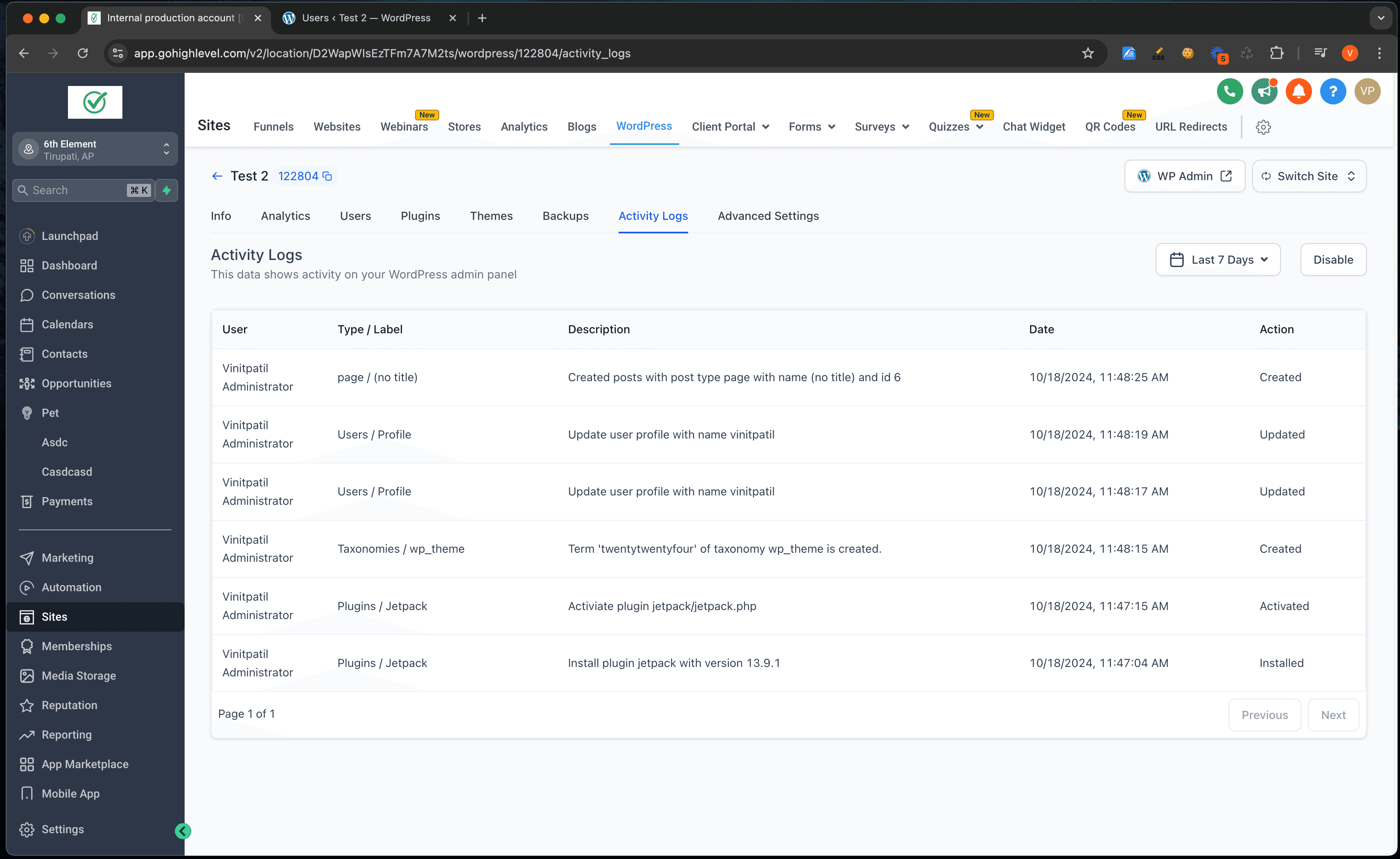 Schermata 1 — WordPress: Log di Accesso e Attività