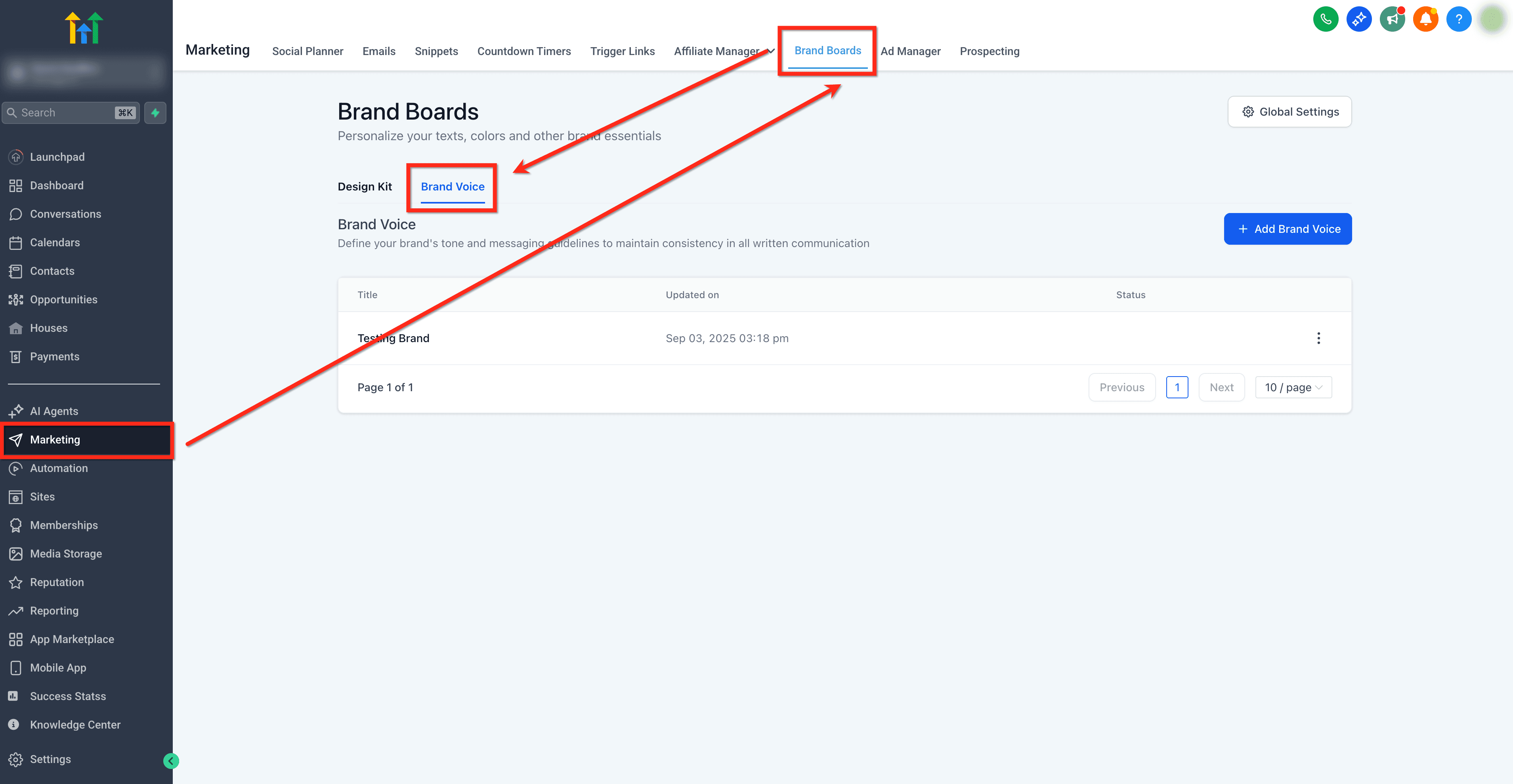 Schermata 1 — Crea la tua Brand Voice da testo o URL