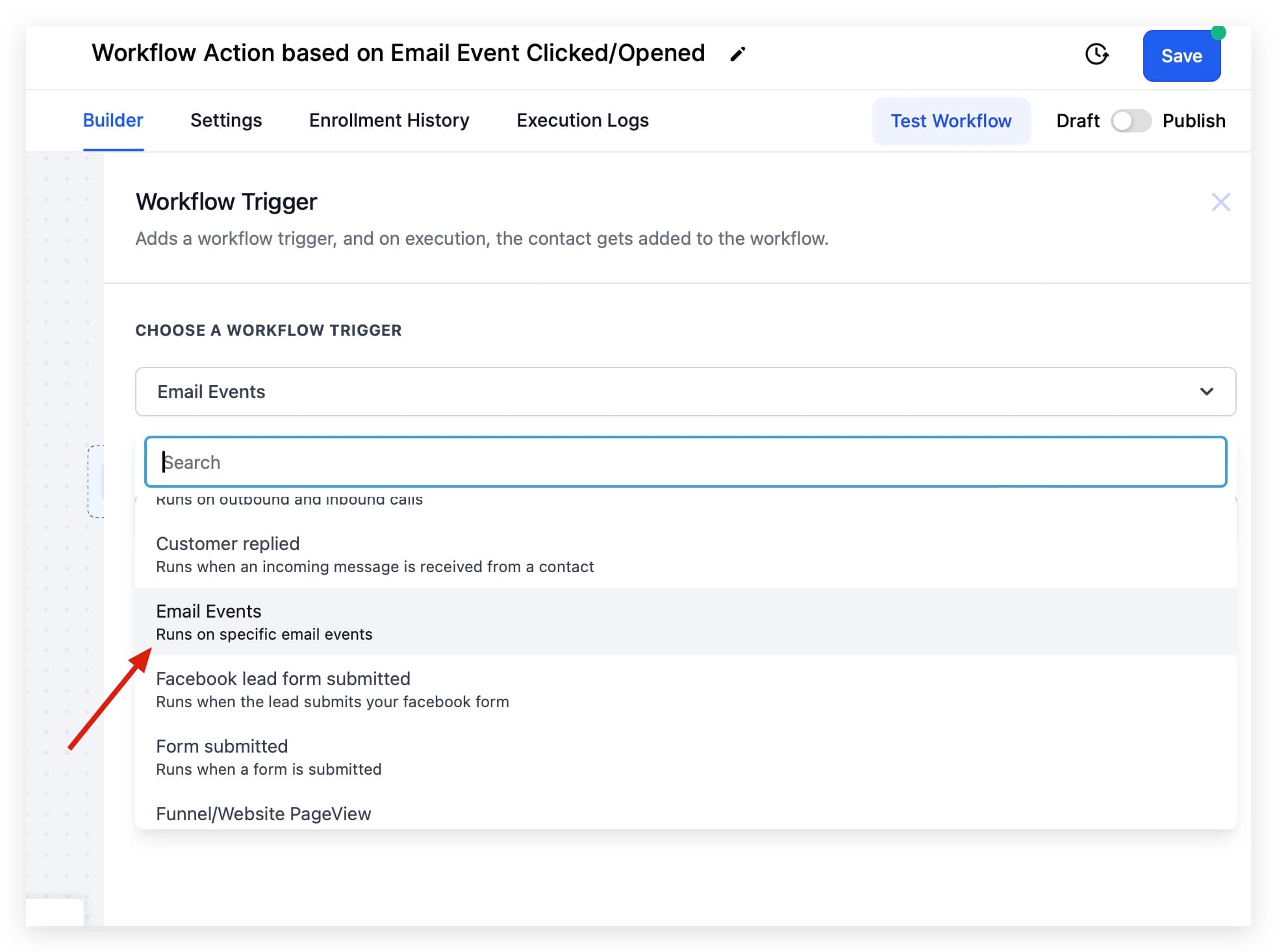 Seleziona Email Events dal menu a discesa