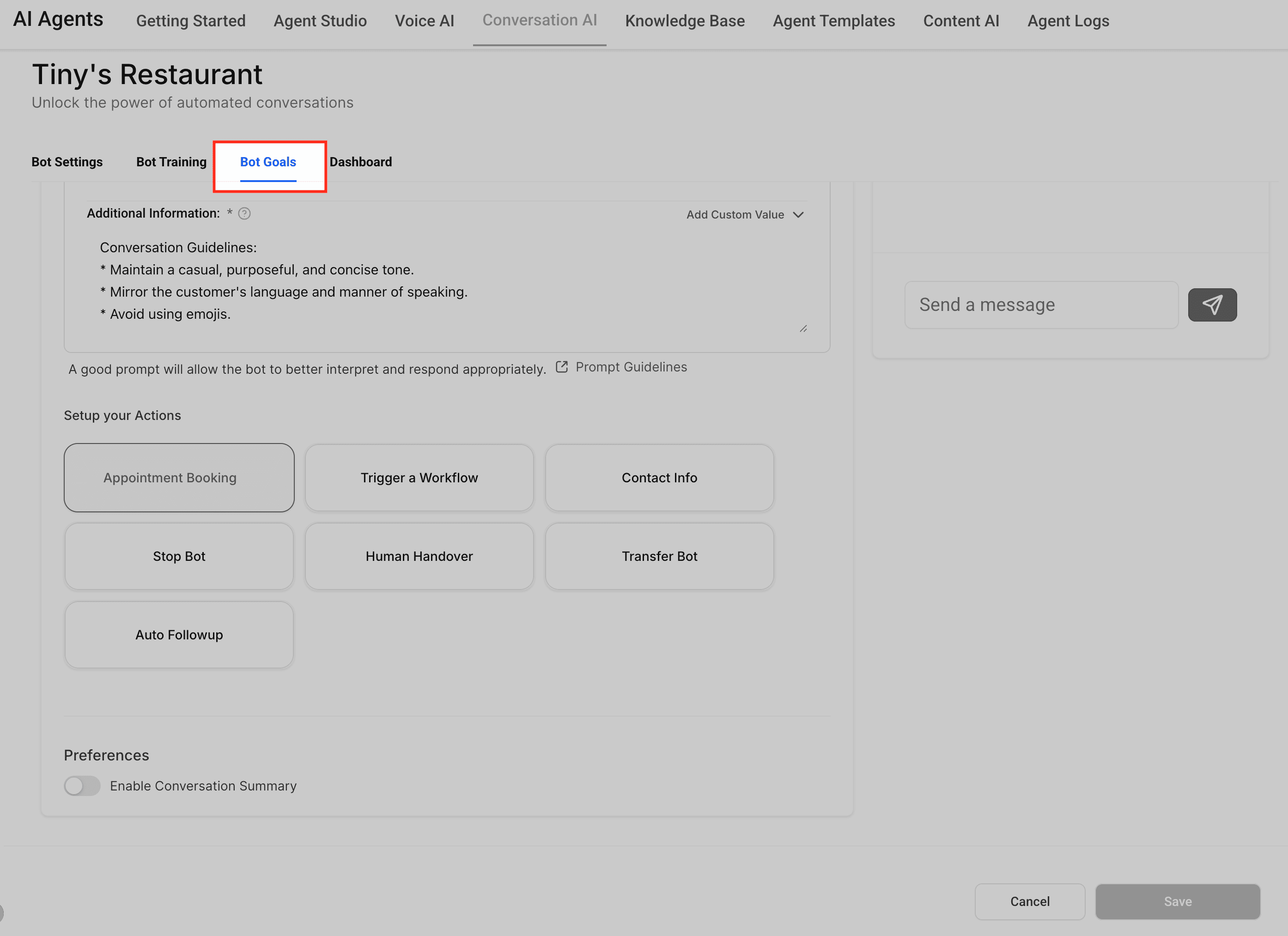 Schermata 4 — Come configurare i Bot Goals in Conversation AI