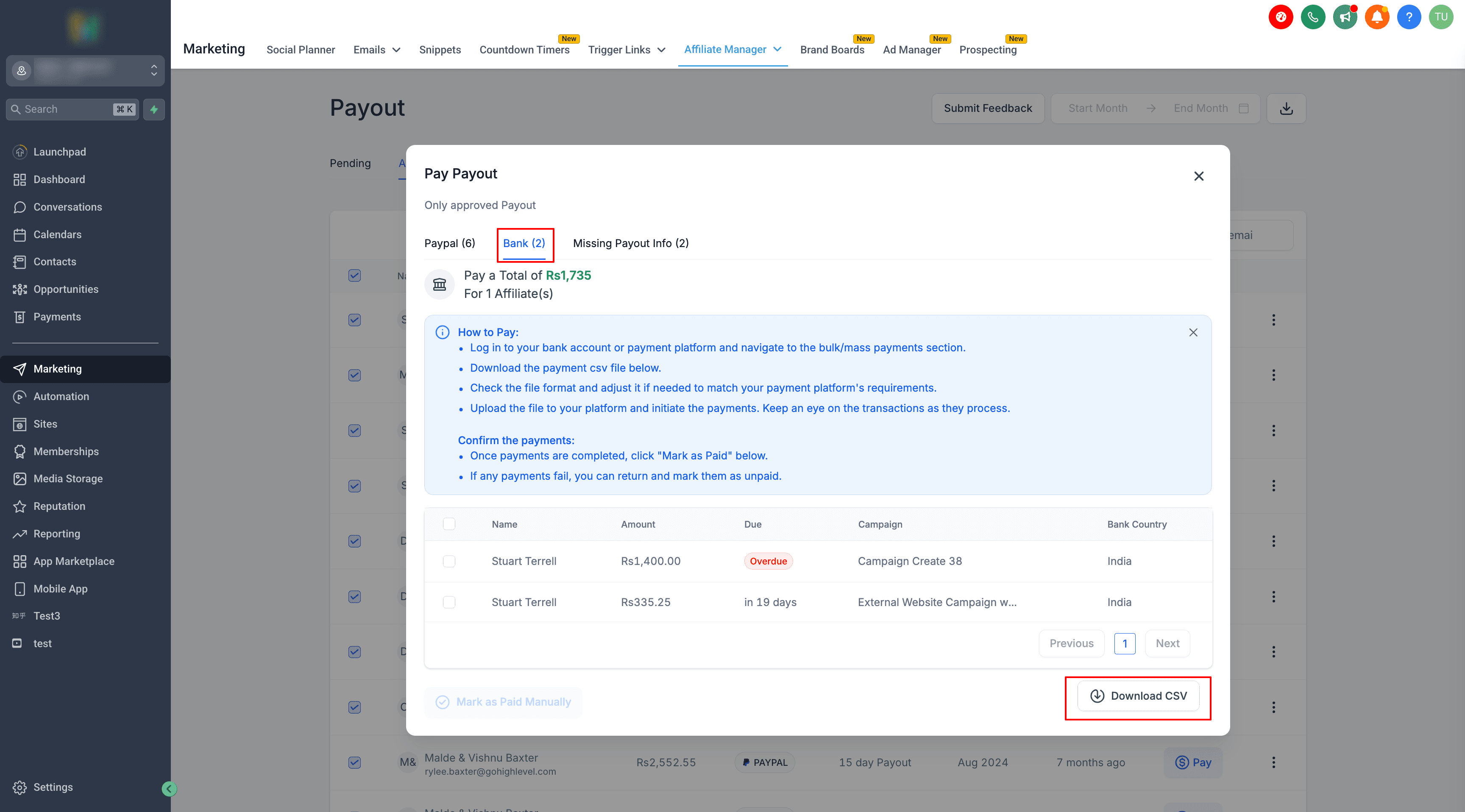 Schermata 4 — Come pagare i tuoi Affiliati