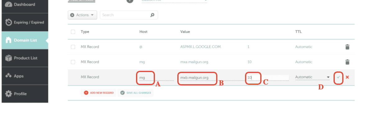 Secondo record MX salvato su Namecheap