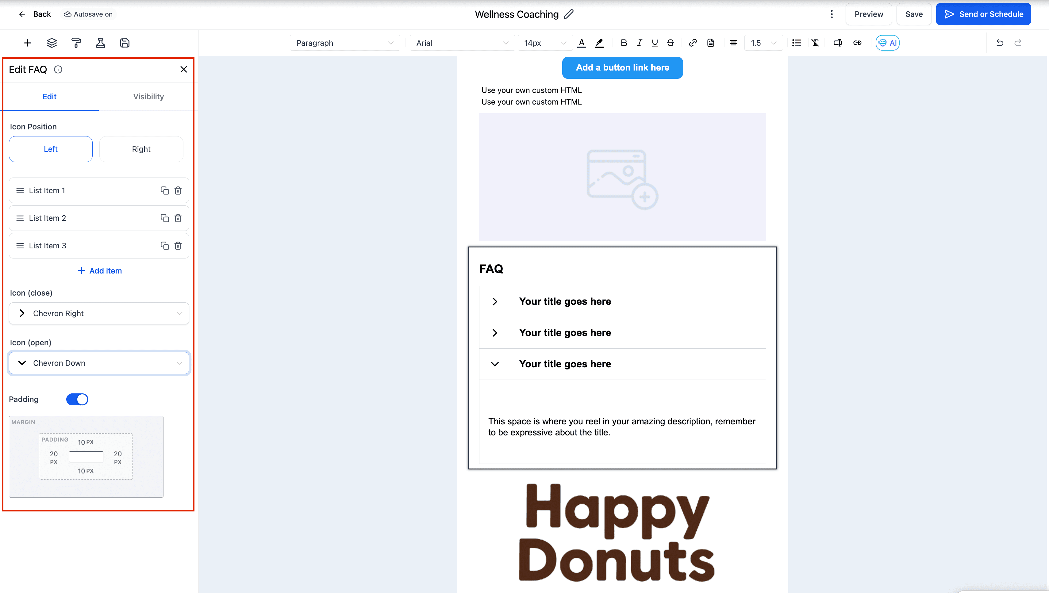 Schermata 4 — Elemento FAQ nell'Email Builder