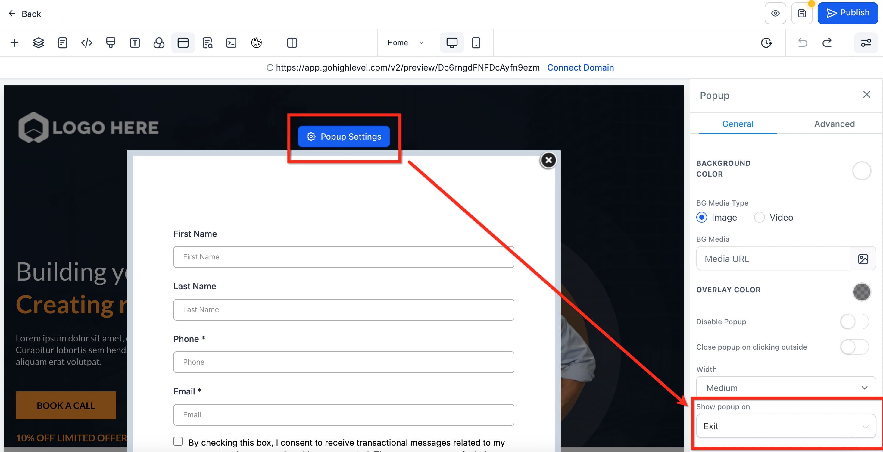 Schermata 2 — Come creare un pop-up con Exit Intent in HITLEAD
