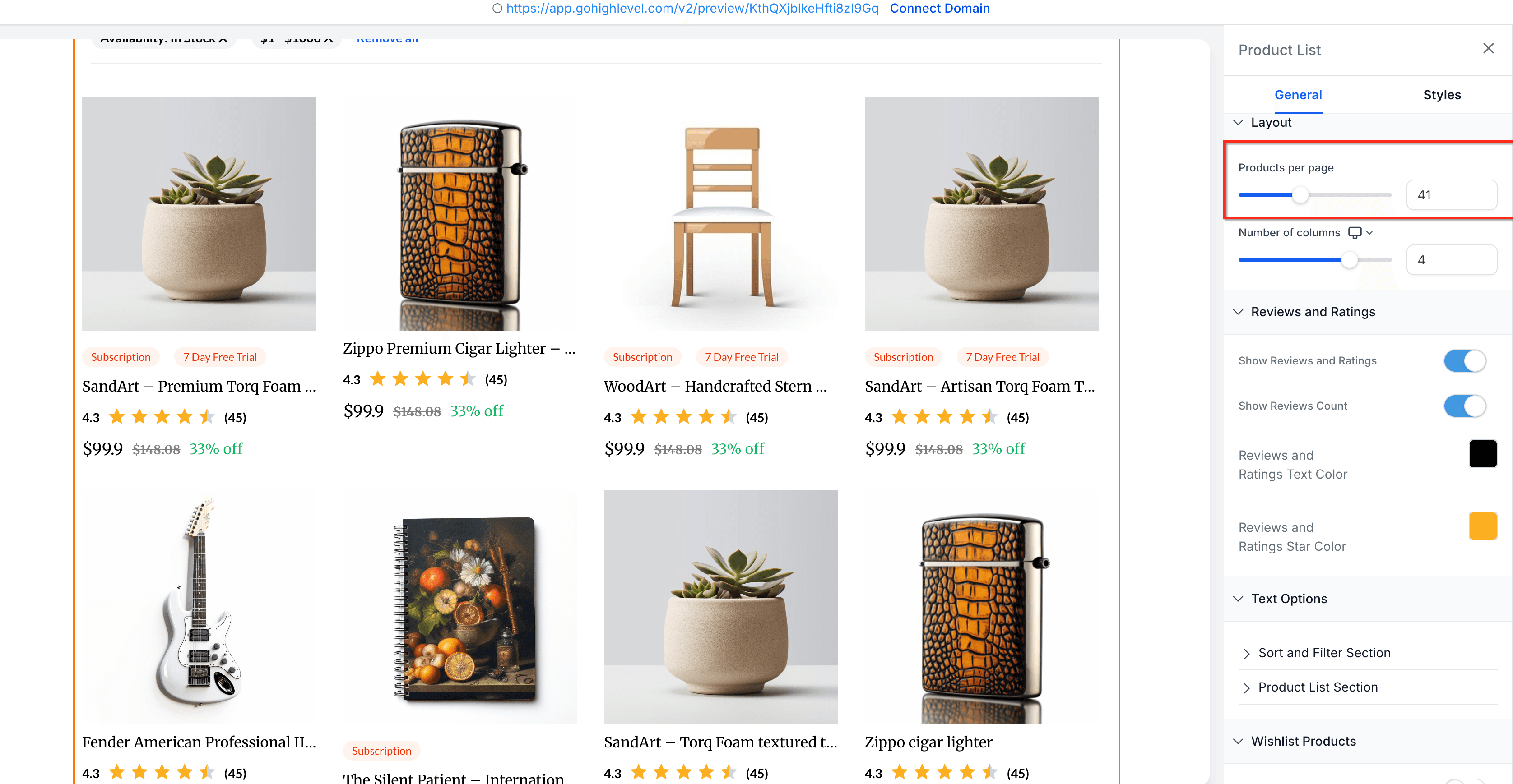 Schermata 7 — Come ordinare e filtrare i prodotti nel Site Builder Ecommerce di HITLEAD