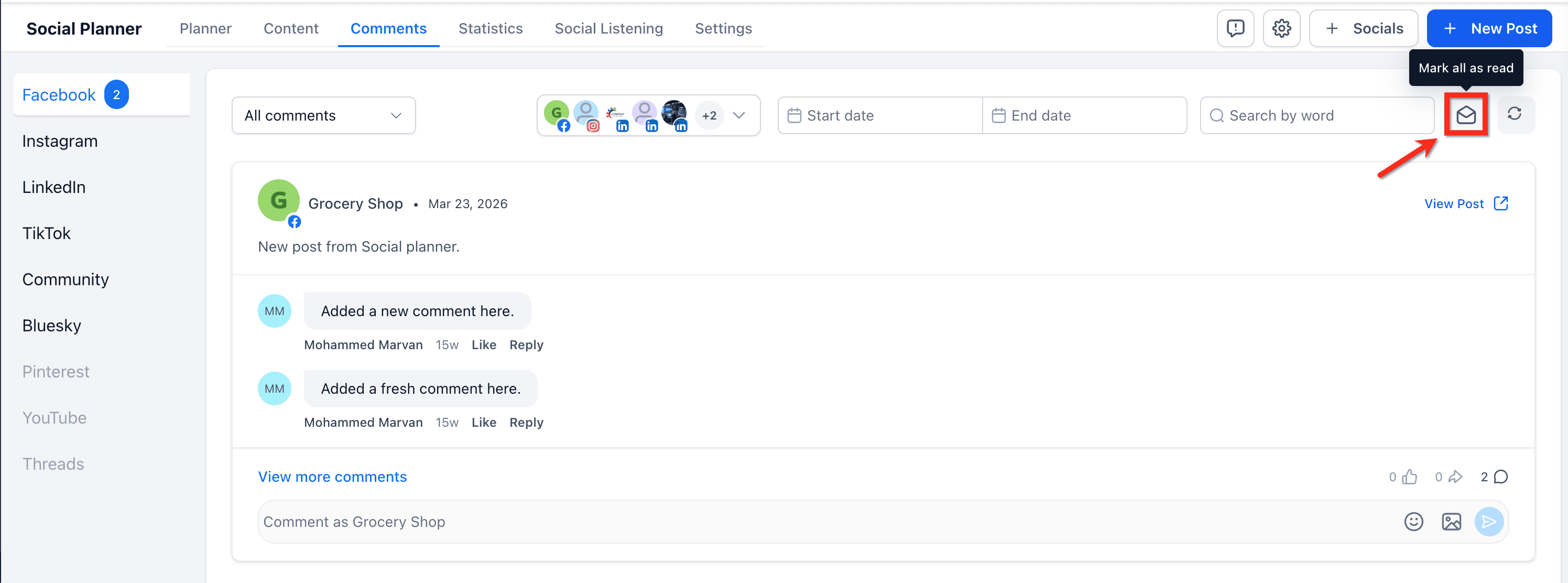 Schermata 4 — Gestire i Commenti nel Social Planner