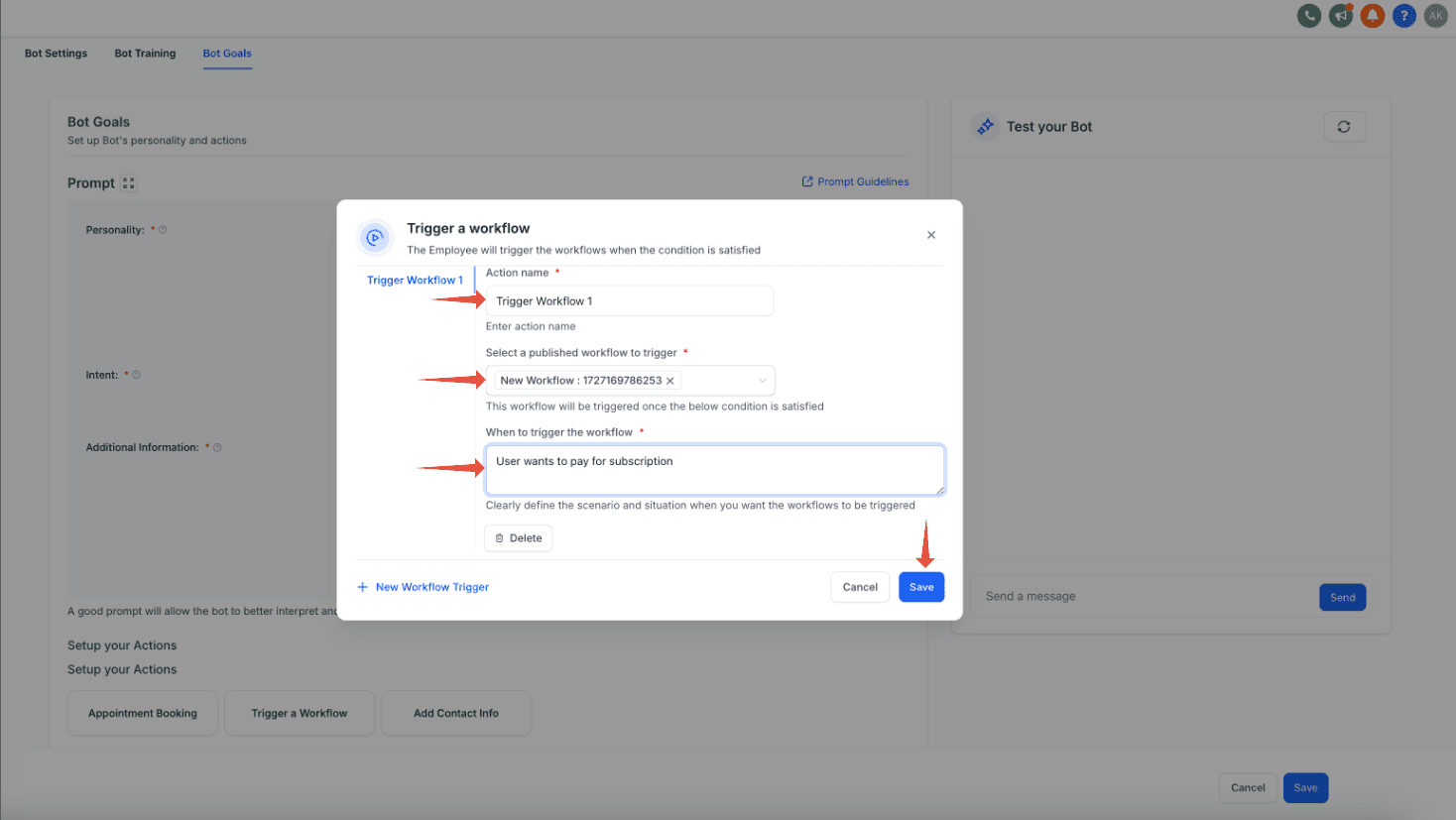 Schermata 5 — Attivare un Workflow all'interno di Conversation AI
