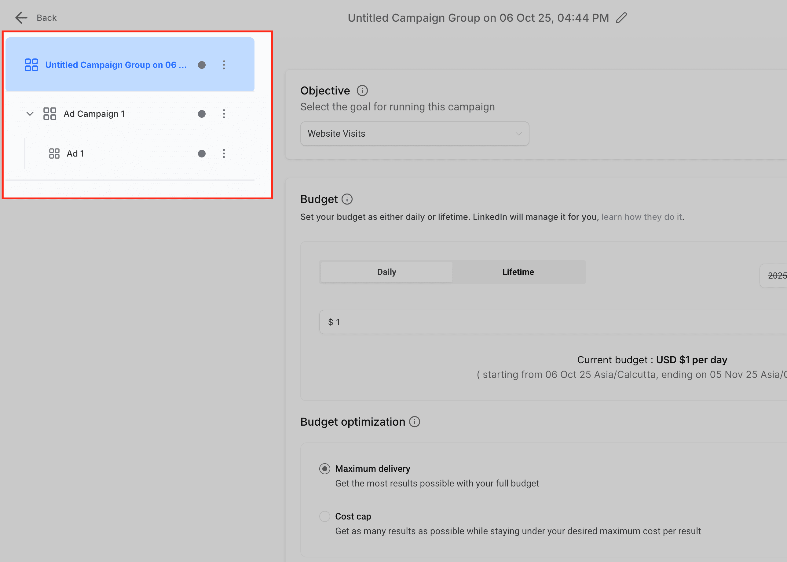 Schermata 6 — Creare e gestire annunci LinkedIn in HITLEAD Ad Manager