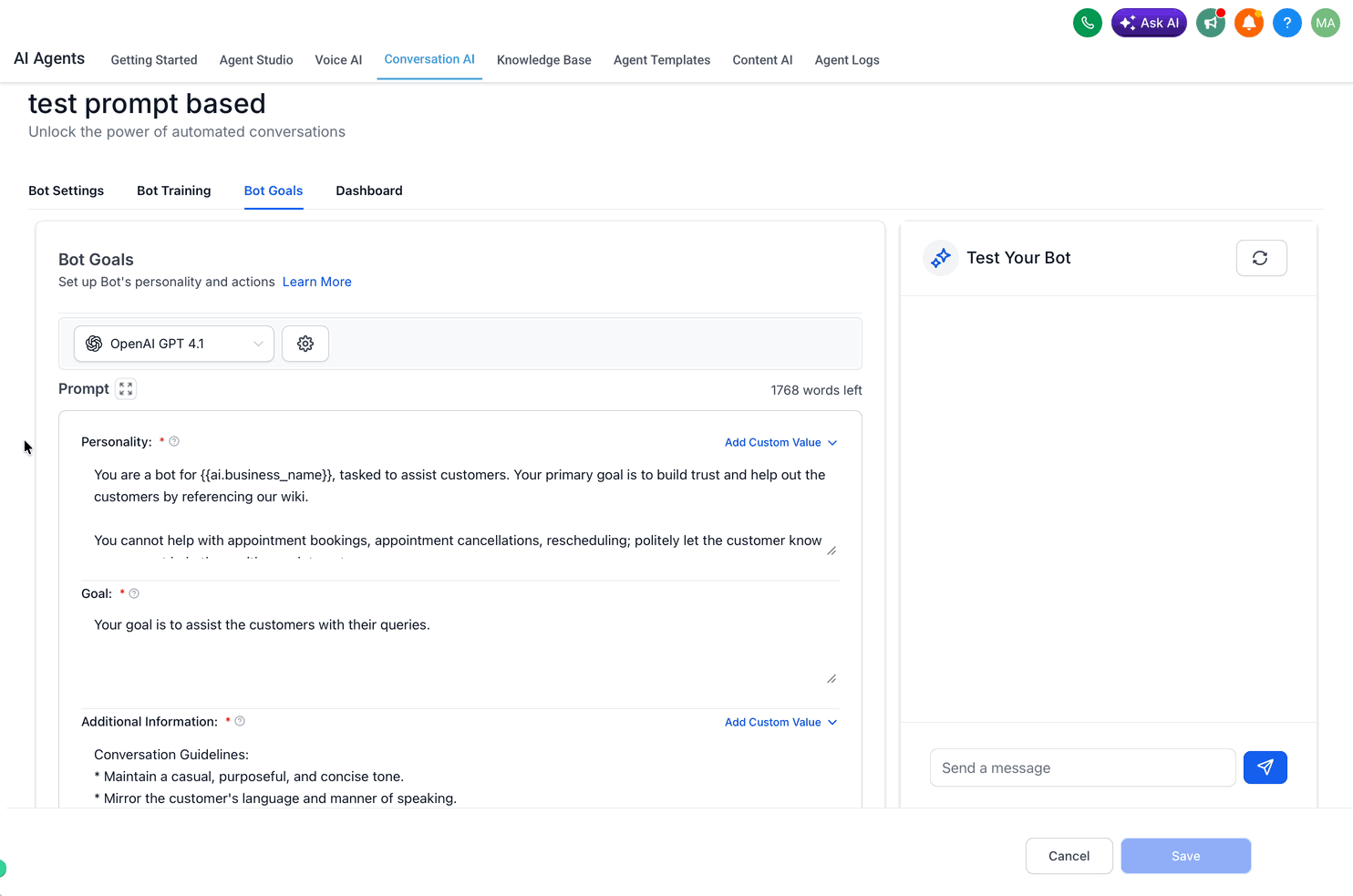 Schermata 3 — Prenotazione Appuntamenti nella Conversation AI