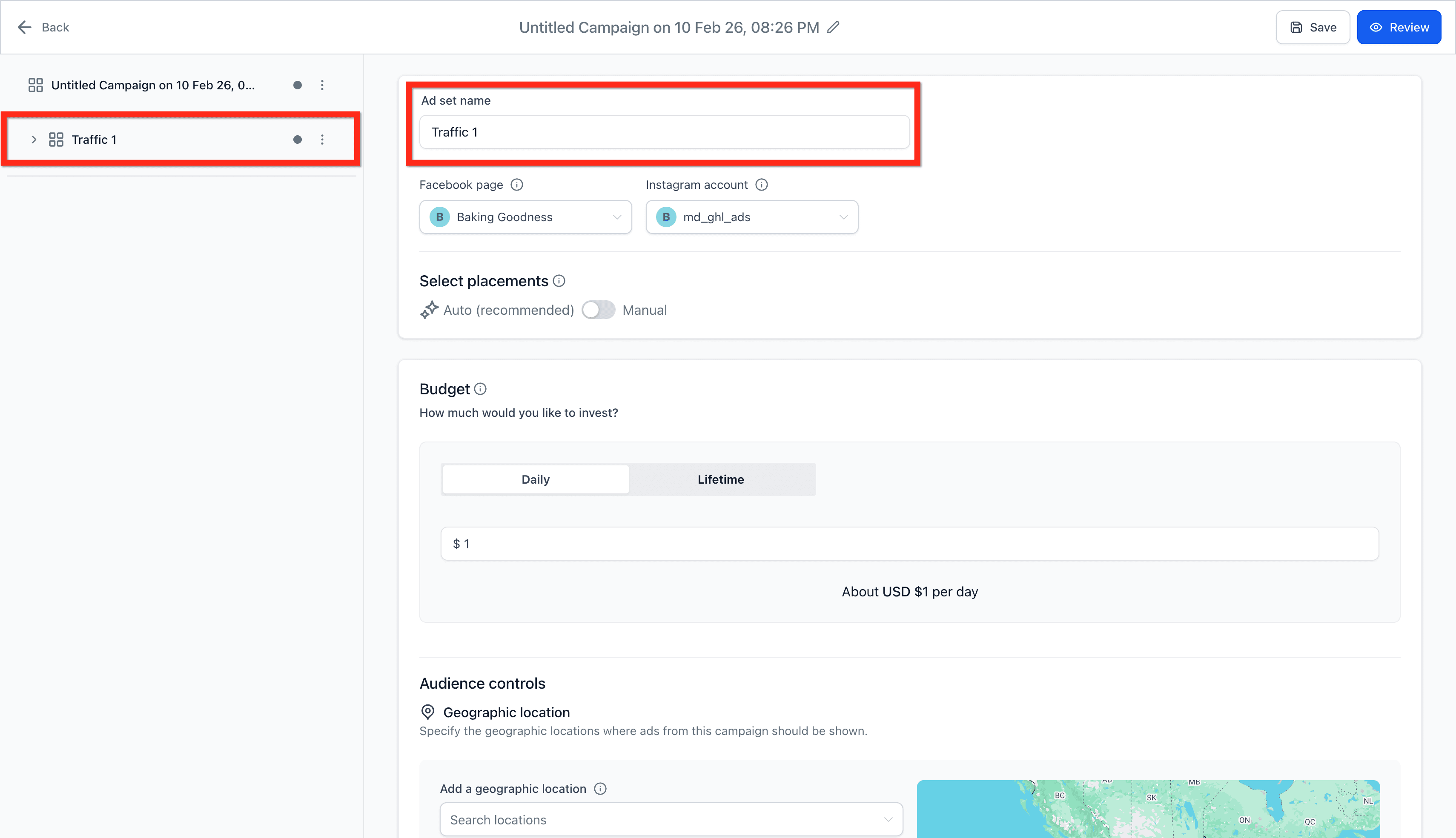 Schermata 4 — Ad Manager - Creare Nuove Facebook Campaign