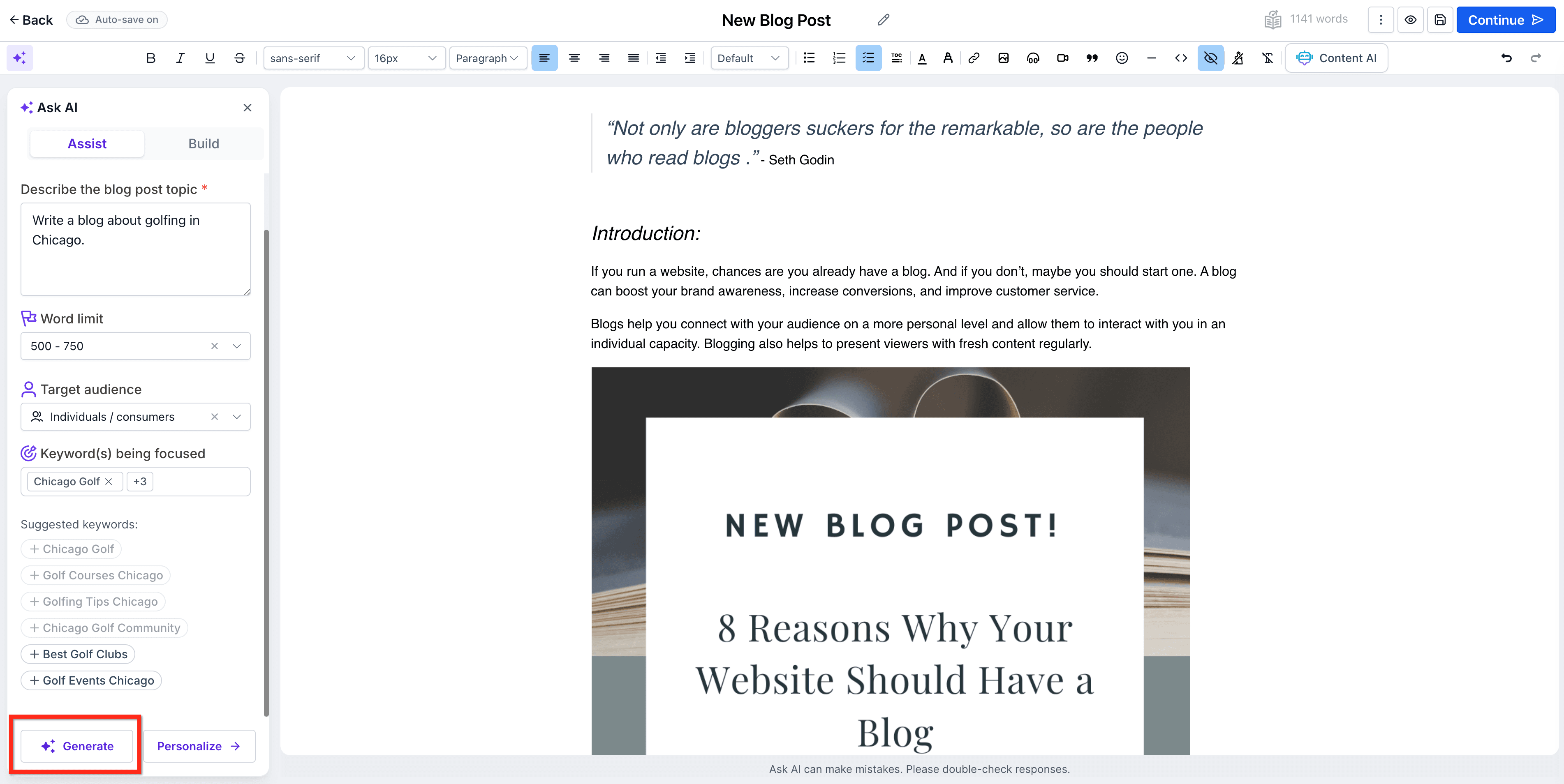 Schermata 13 — Crea articoli del blog con l'AI