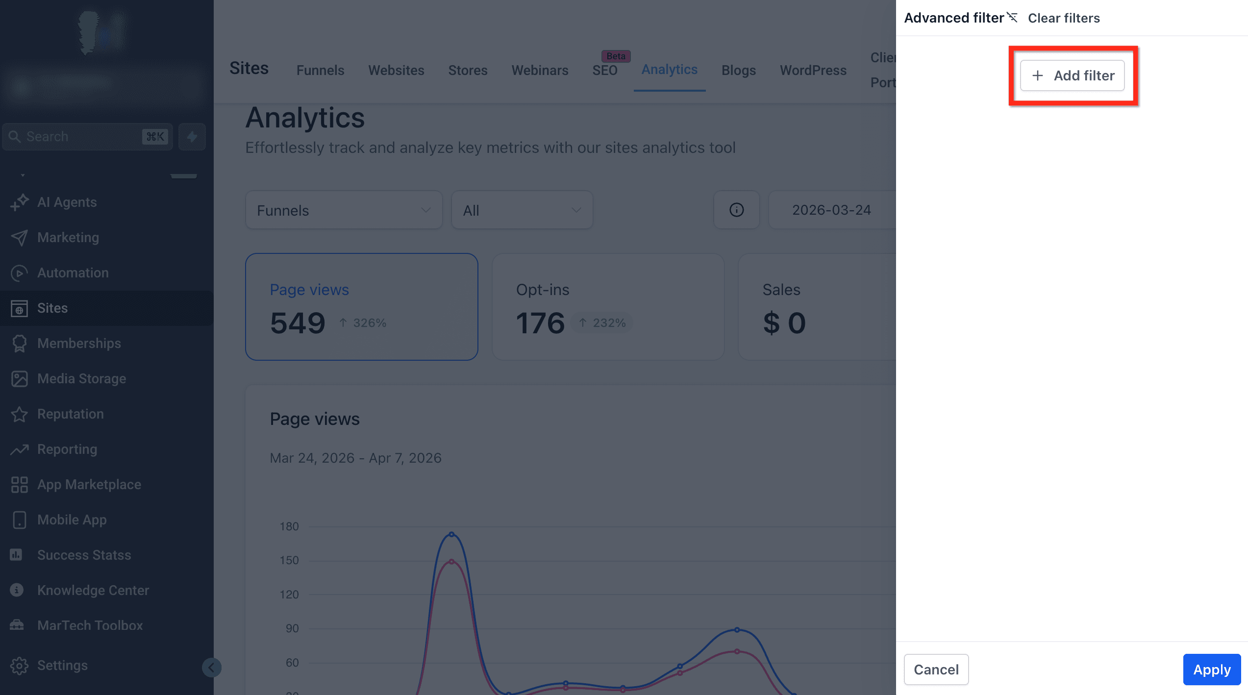Schermata 2 — Filtri Avanzati in Site Analytics
