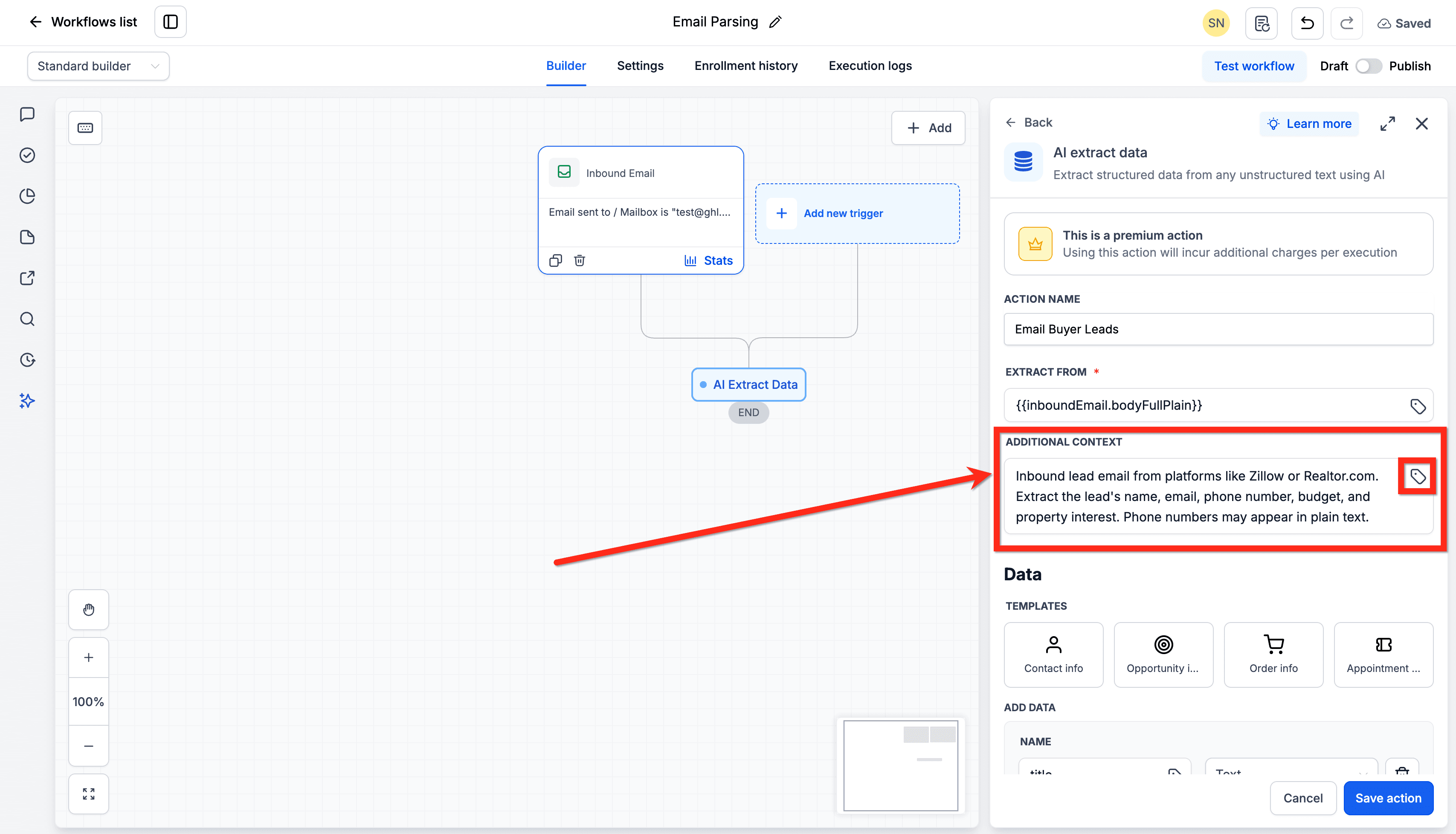 Schermata 7 — Come fare il parsing delle email con l'azione AI Extract Data