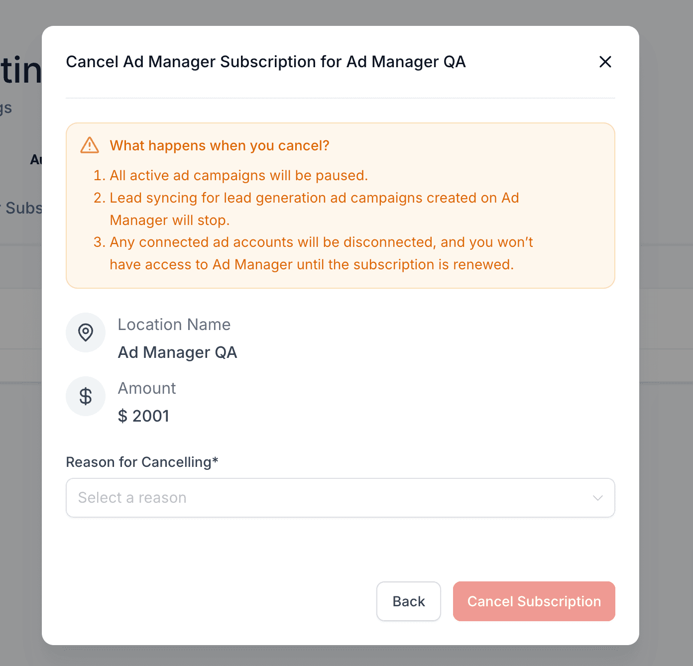 Schermata 4 — Come annullare l'abbonamento ad Ad Manager per un sub-account?