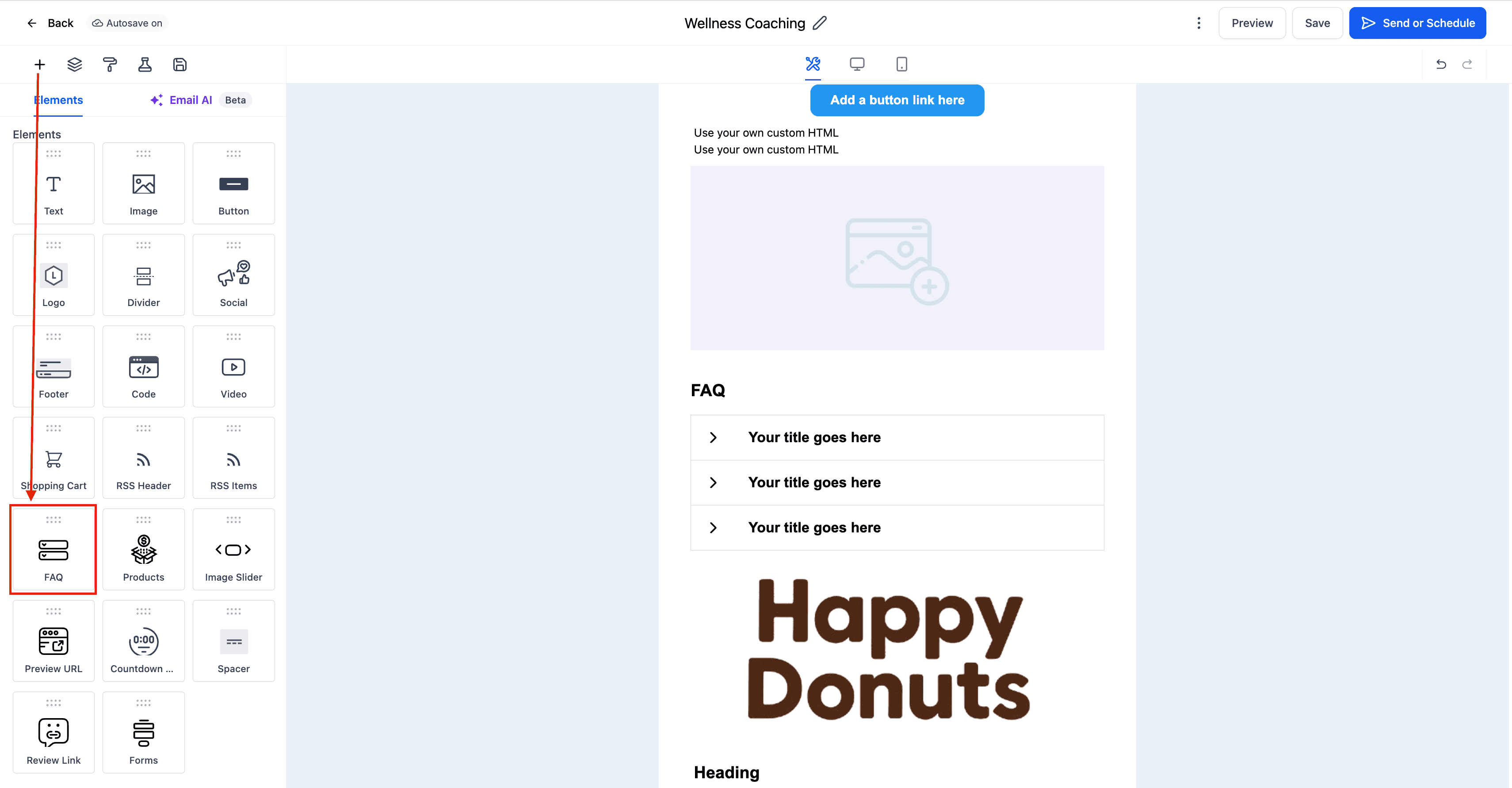 Schermata 3 — Elemento FAQ nell'Email Builder