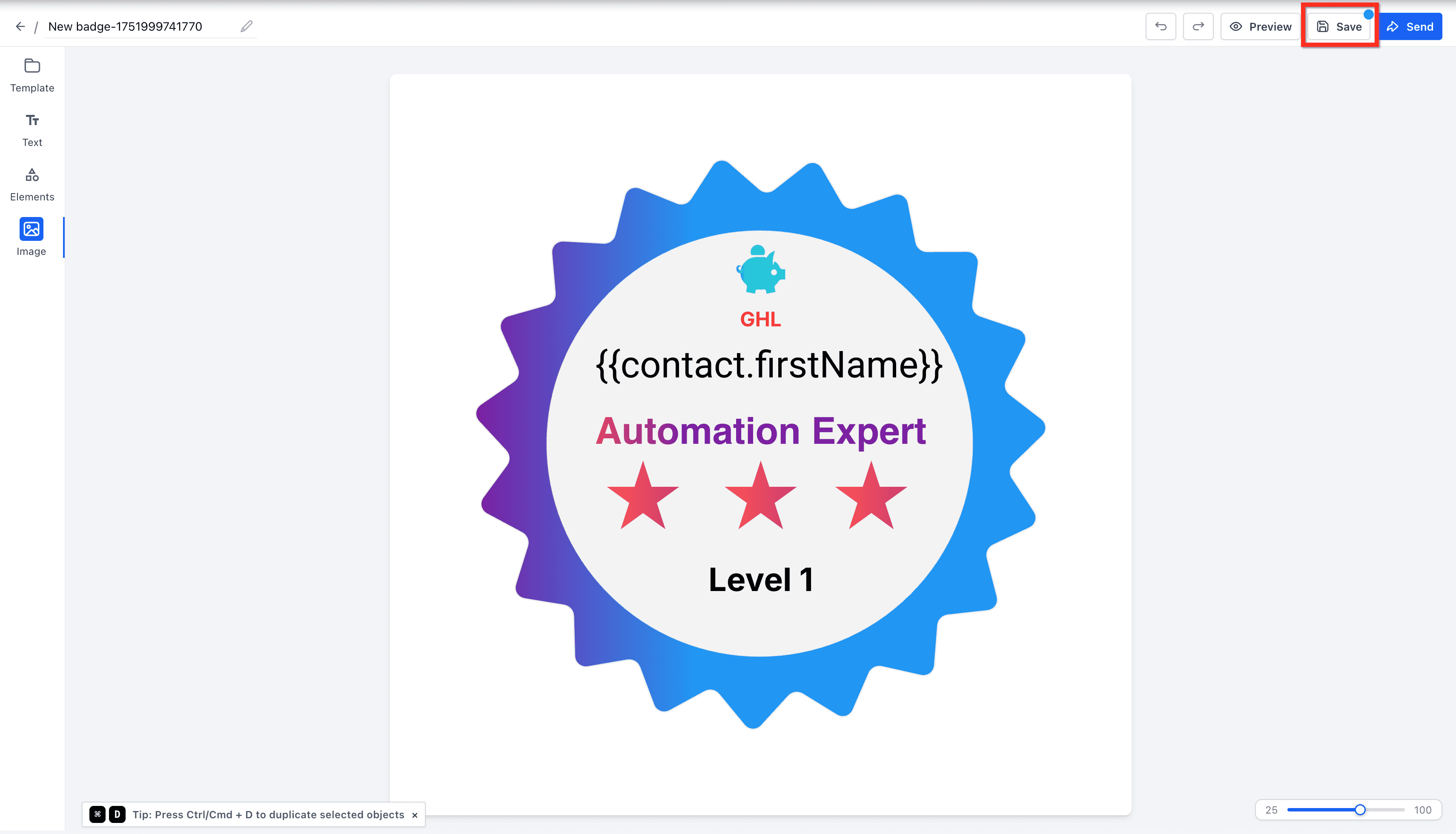 Schermata 12 — Come usare i Badge nel Certificate Builder