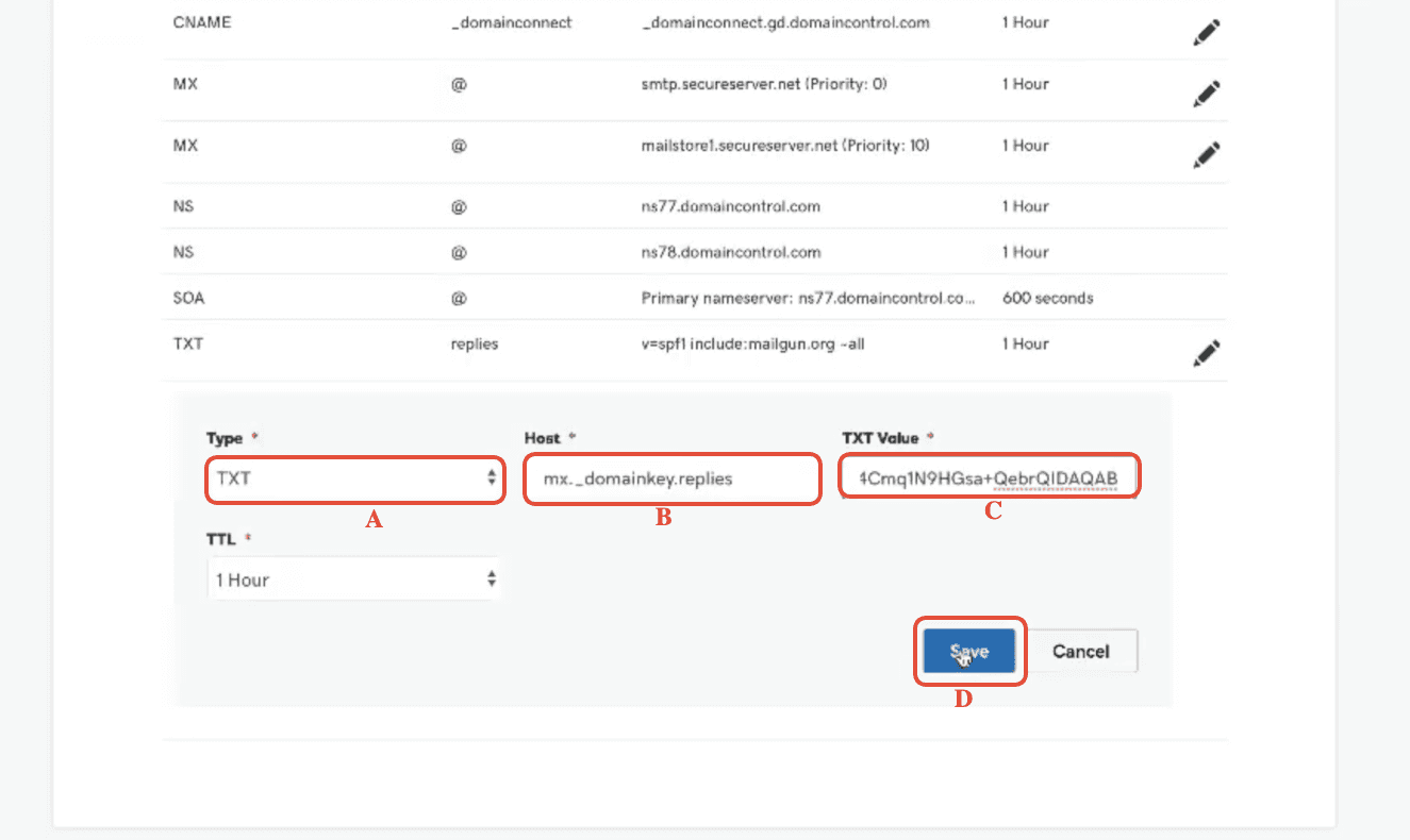 Modulo Add record per il secondo record TXT in GoDaddy