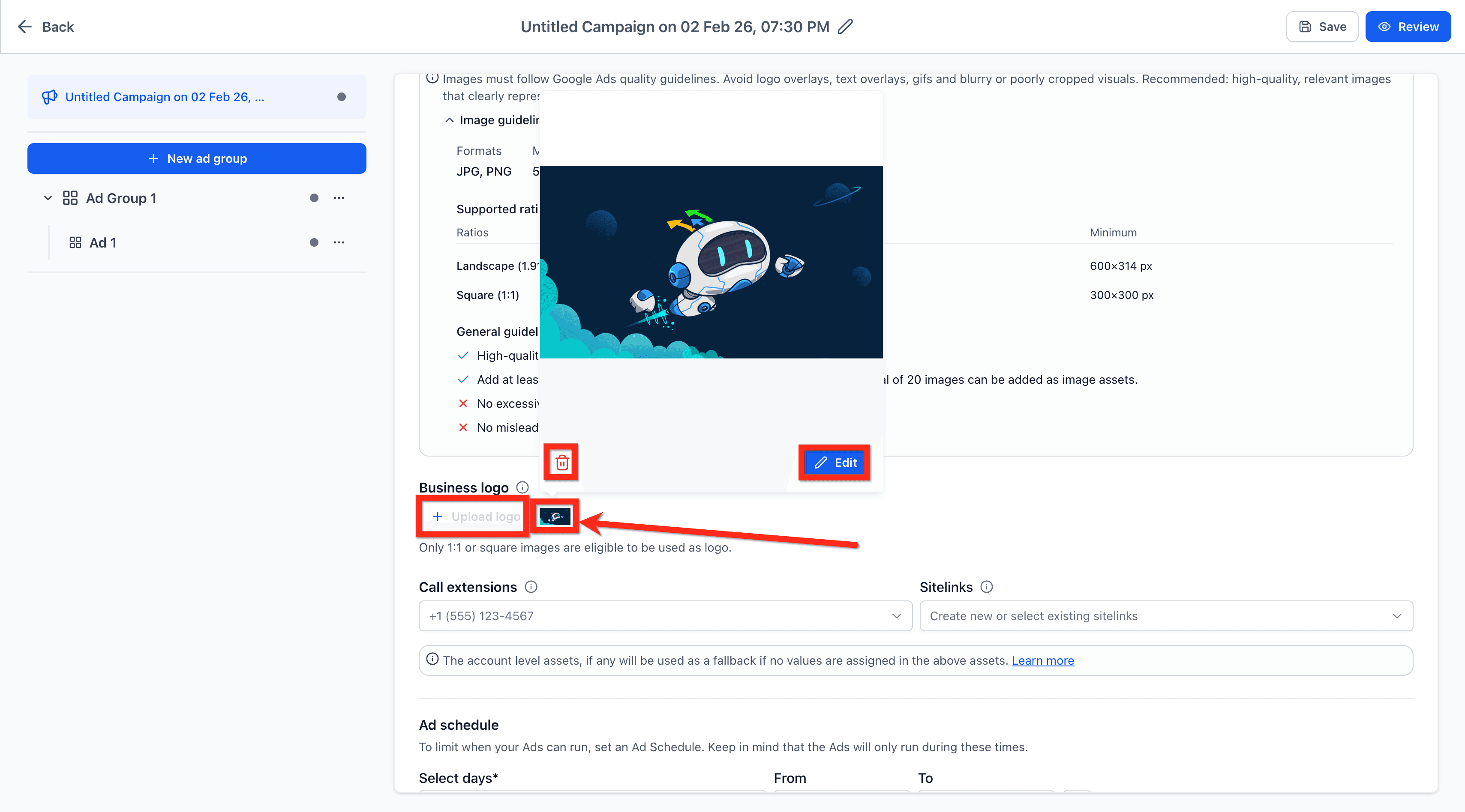 Schermata 2 — Ad Manager - Configura gli Asset Aggiuntivi di Google Ads a Livello di Campaign