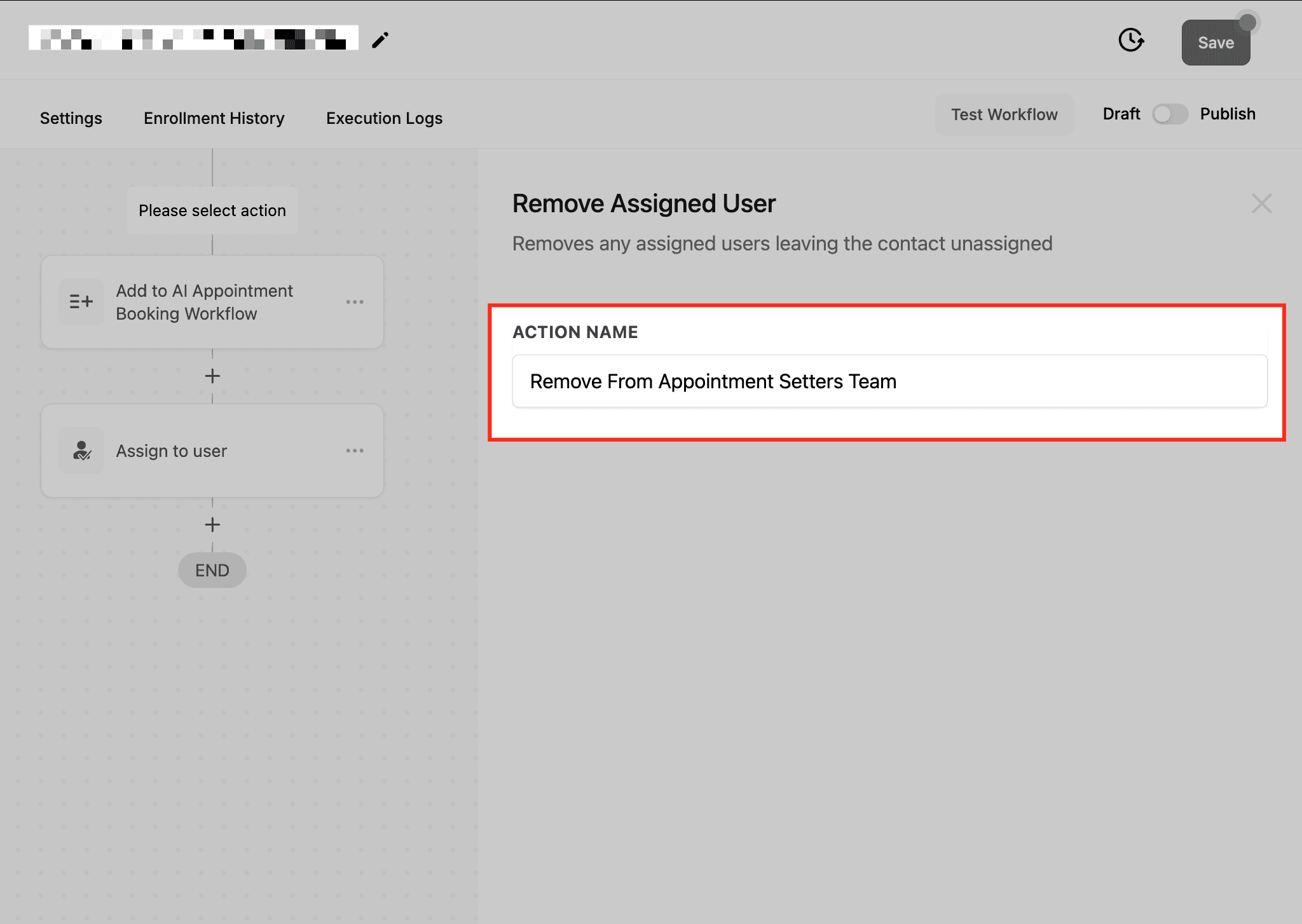 Schermata 3 — Azione Workflow - Rimuovi Utente Assegnato