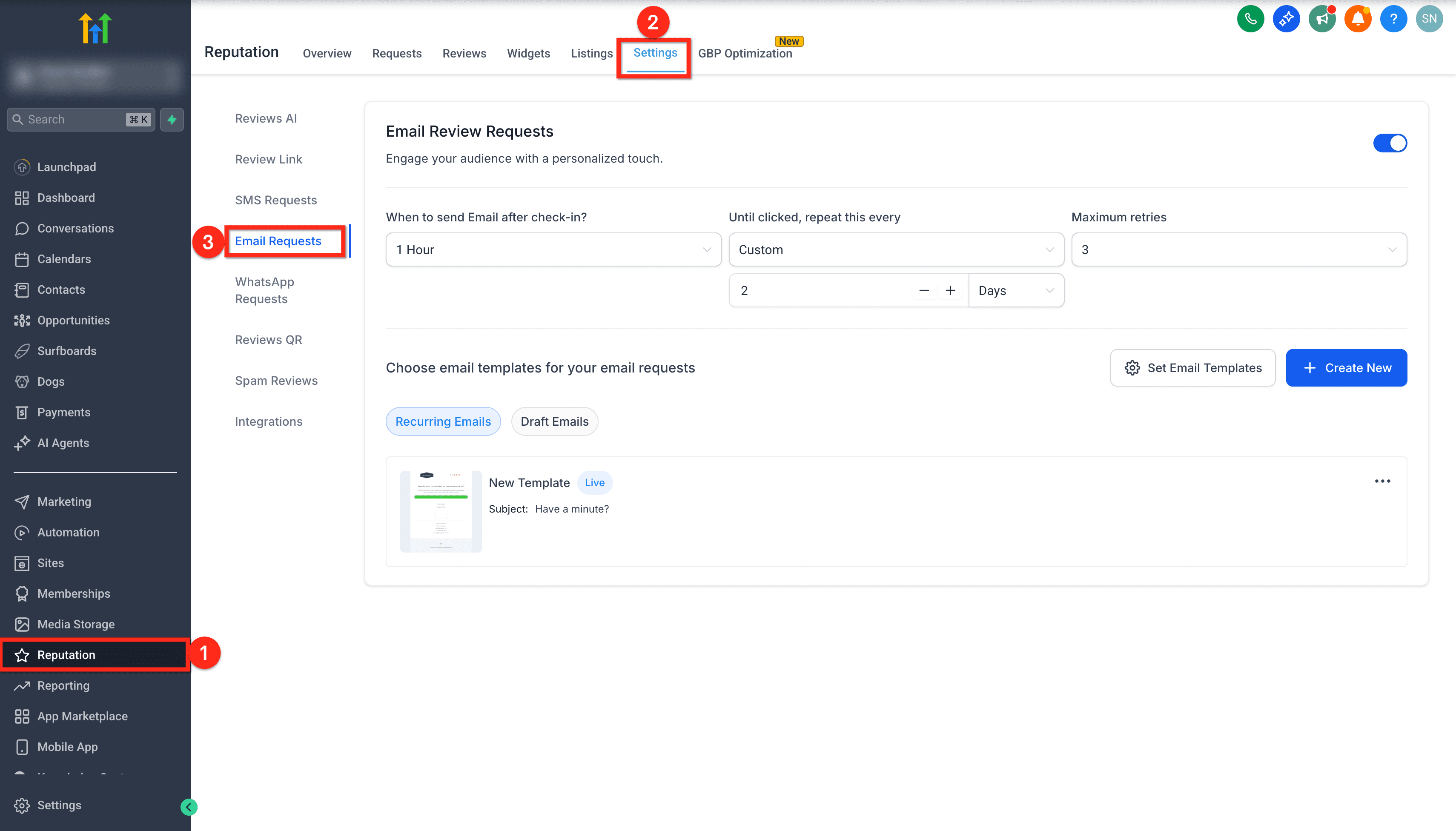 Schermata 1 — Gestione della Reputazione - Aggiungere più link di recensione nelle email