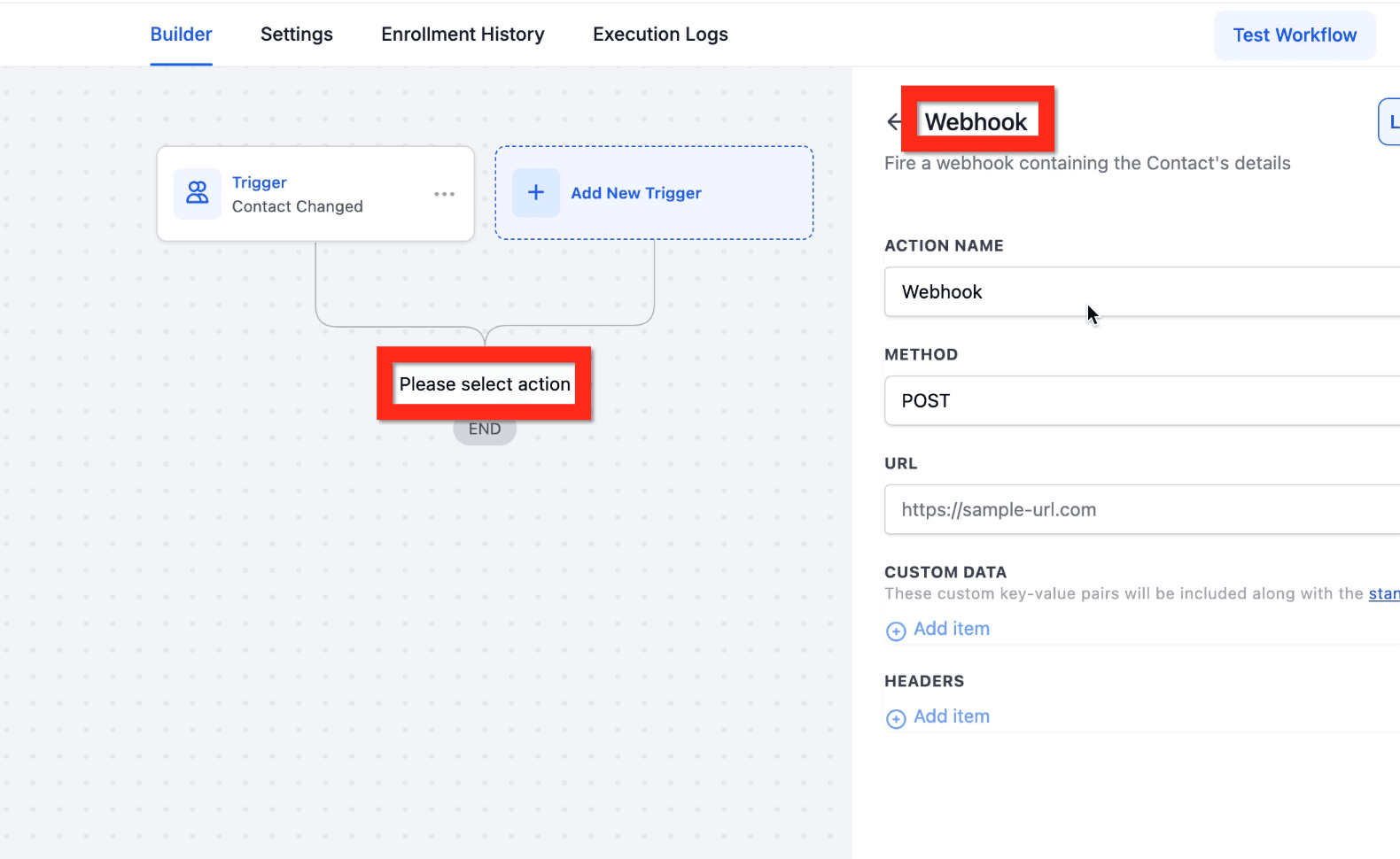 Schermata 2 — Azione Workflow - Webhook (In Uscita)