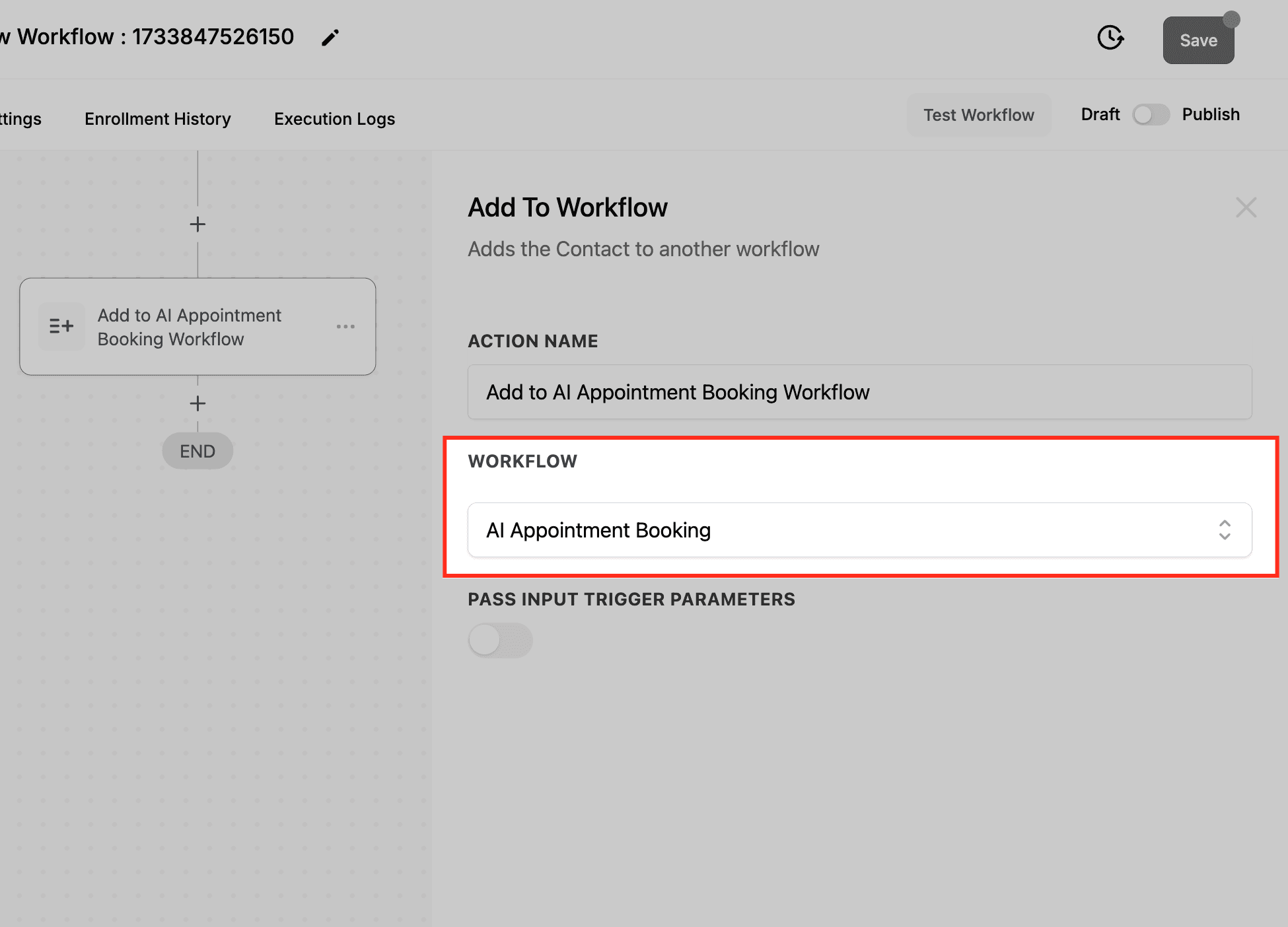 Schermata 5 — Azione - Aggiungi al Workflow -> Azione Workflow: Aggiungi al Workflow