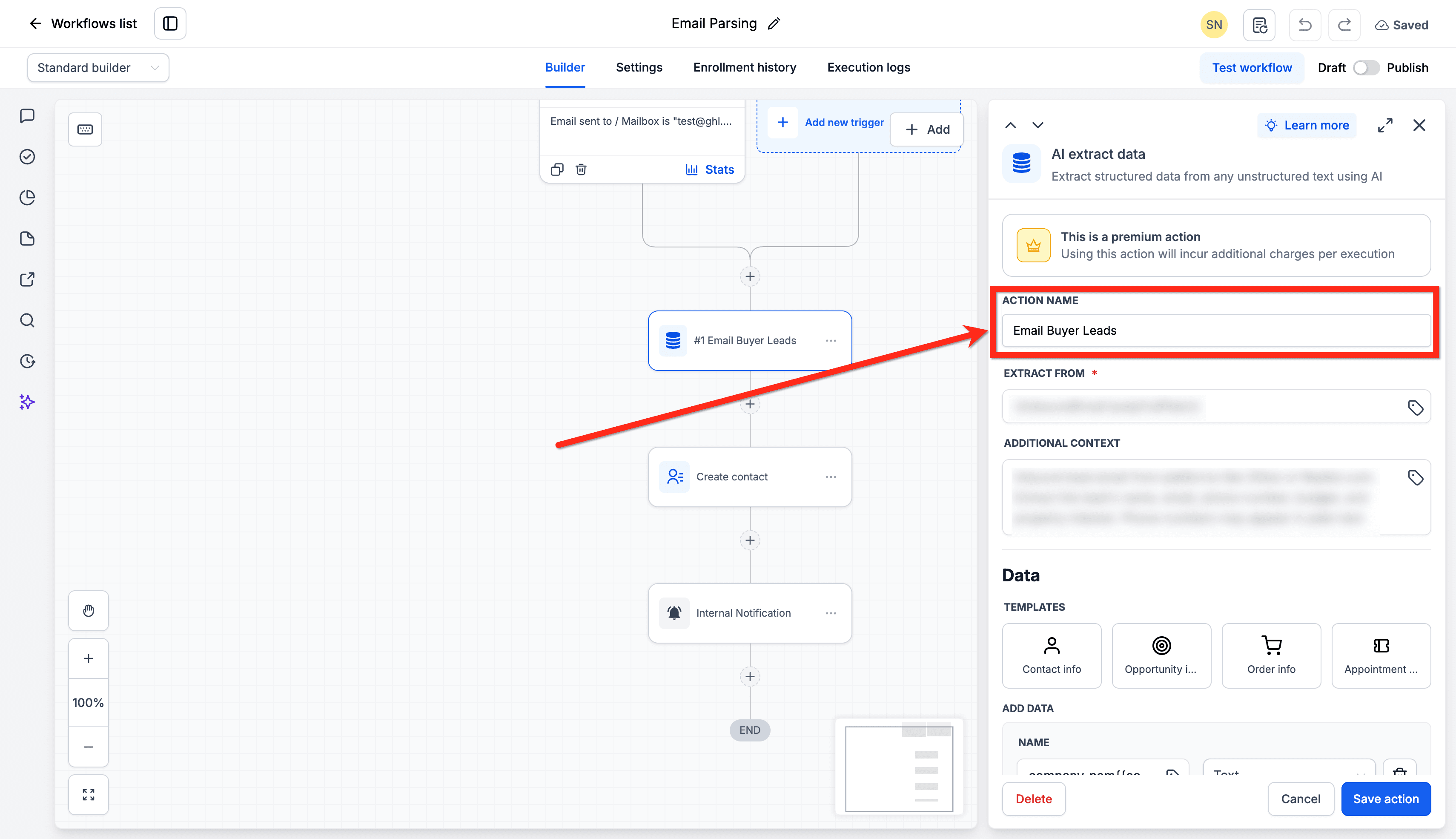 Schermata 5 — Come fare il parsing delle email con l'azione AI Extract Data