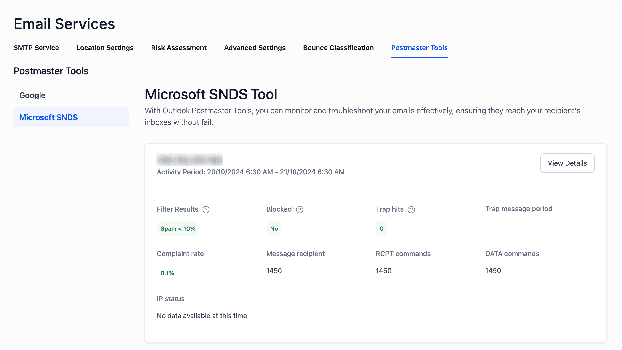 Navigazione a Microsoft SNDS in Postmaster Tools