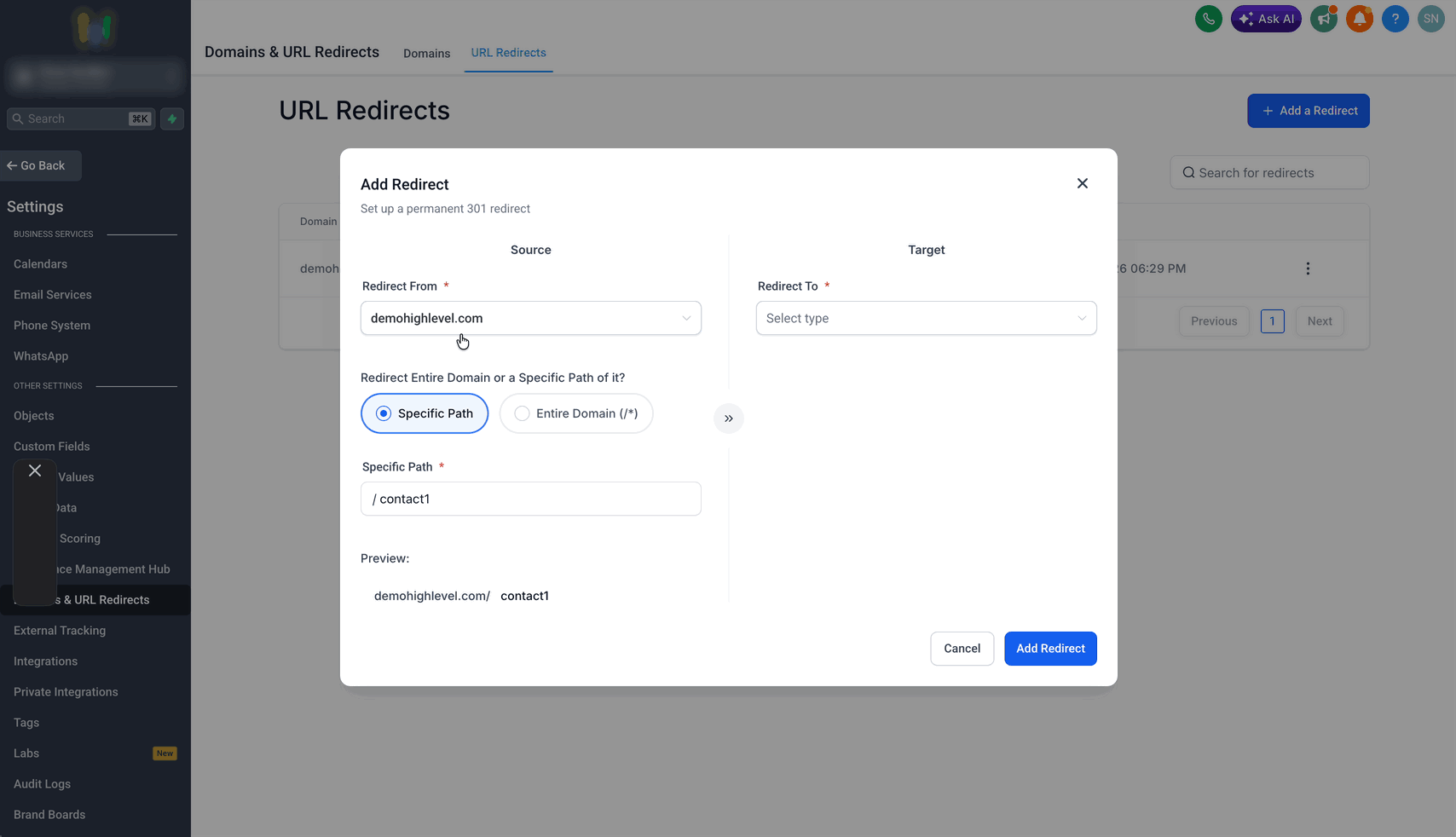 Schermata 6 — Come configurare i redirect URL 301