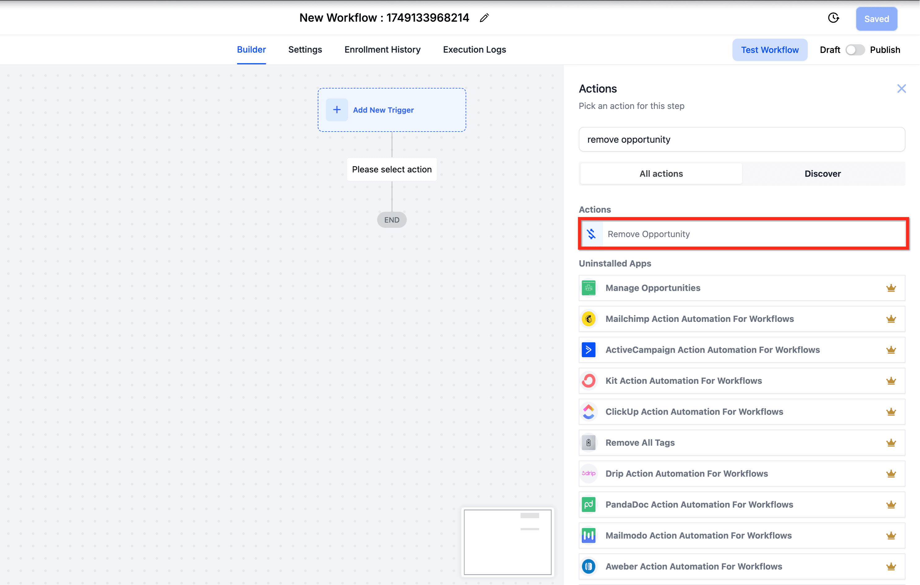 Schermata 3 — Azione Workflow - Rimuovi Opportunità