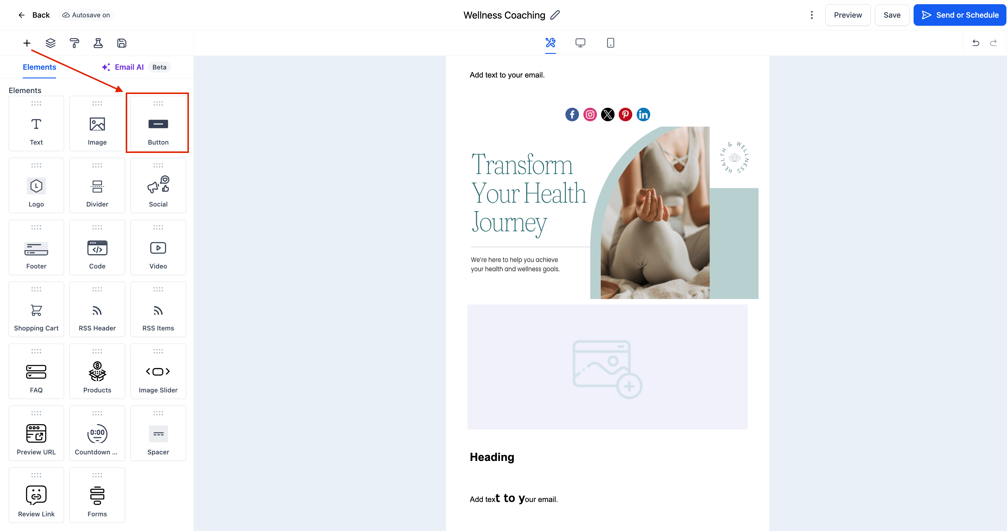 Schermata 3 — Elemento Button nell'Email Builder